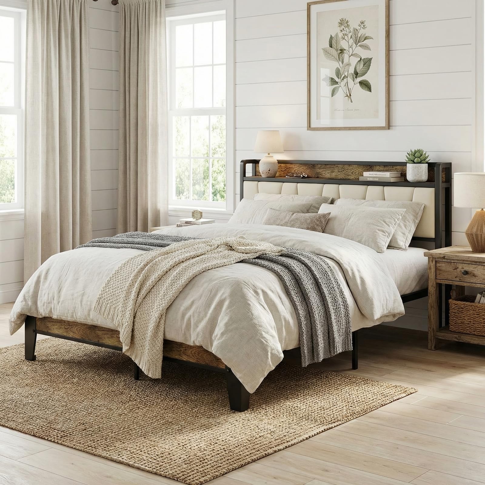 LIKIMIO - Double Bed Frame, Storage Headboard with Charging Station, Solid and Stable, No Noise, No Box Spring Needed, Easy Assembly (Walnut and Beige)