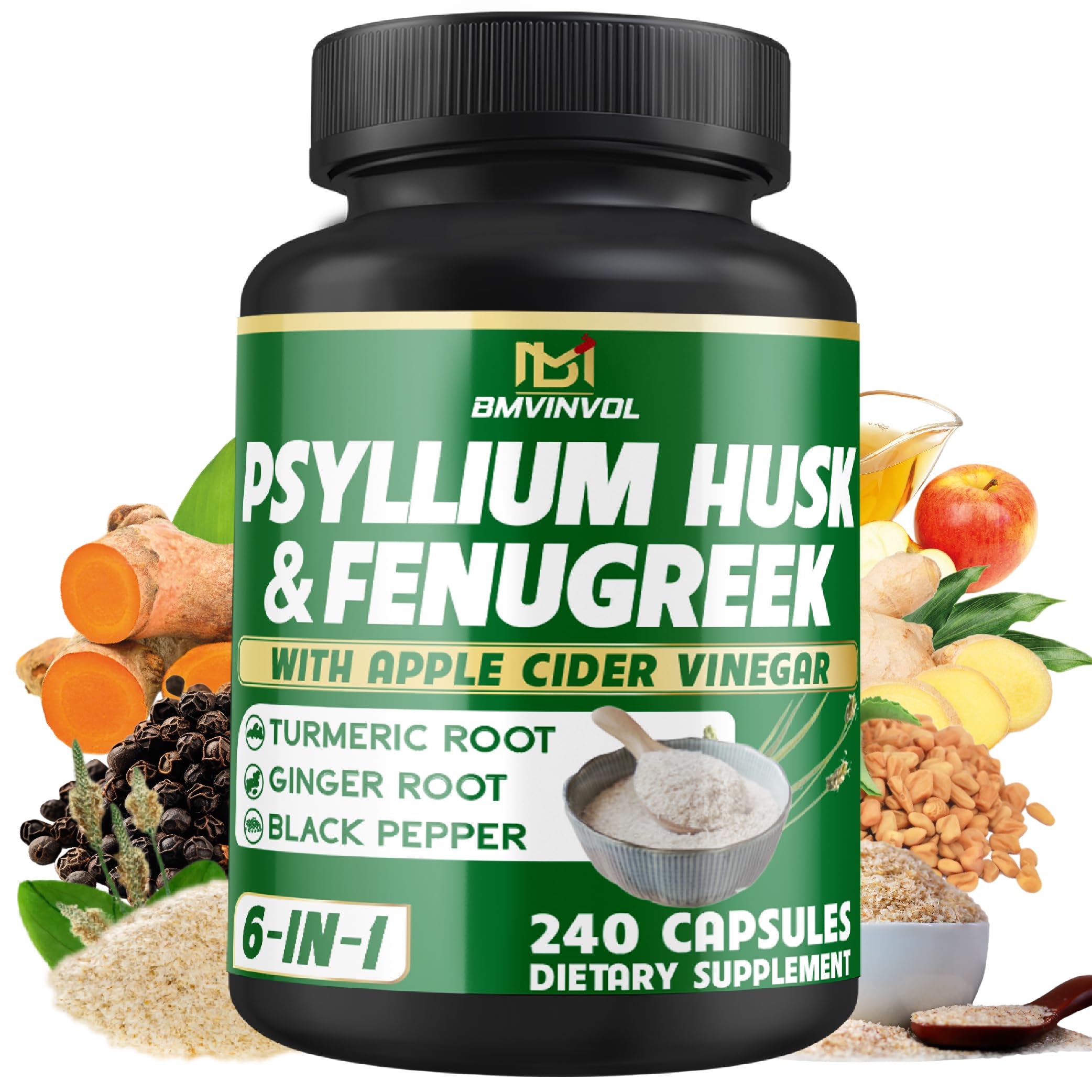 BMVINVOL Psyllium Husk Fiber Supplement with Fenugreek, Apple Cider Vinegar, Turmeric, Ginger, Black Pepper - 240 Capsules 240 Count (Pack of 1)
