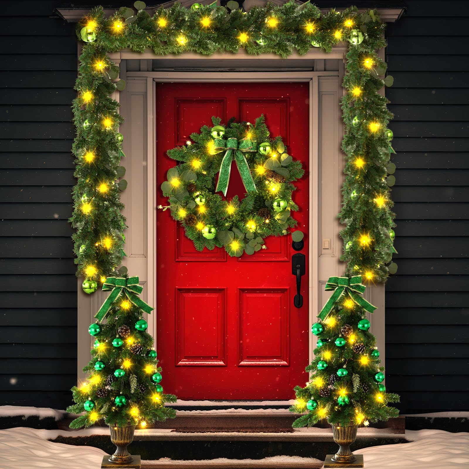 Yuxung 4 Piece Pre Lit Green Christmas Garland and Wreath