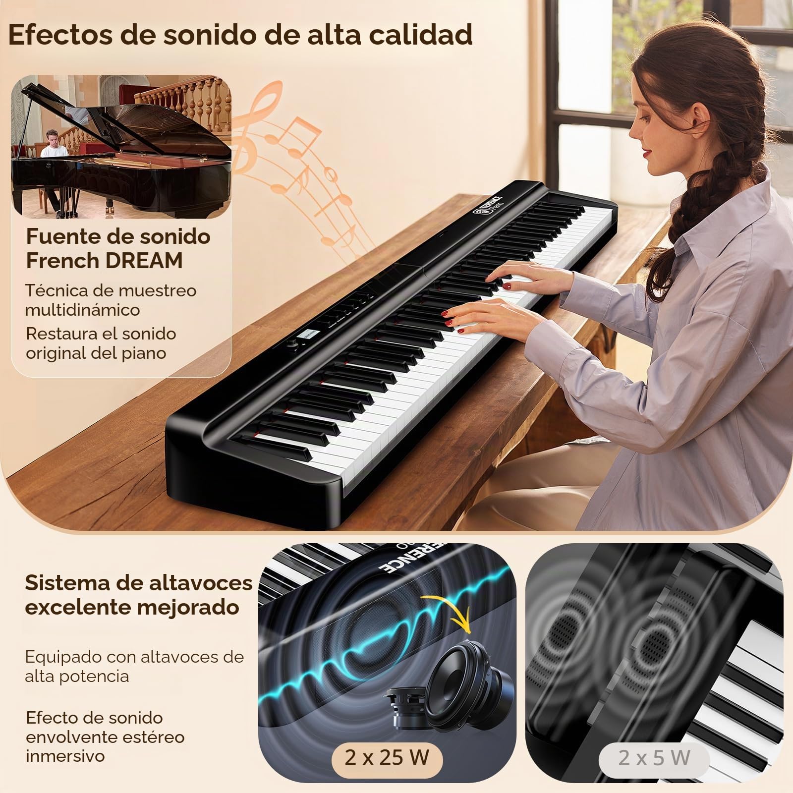 TERENCE Piano Plegable de 88 teclas con batería de 2000mAh 2x25W Altavoces Pedal Piano Bluetooth interfaz MIDI soporte para partituras bolsa adhesiva cable de audio pedal piano