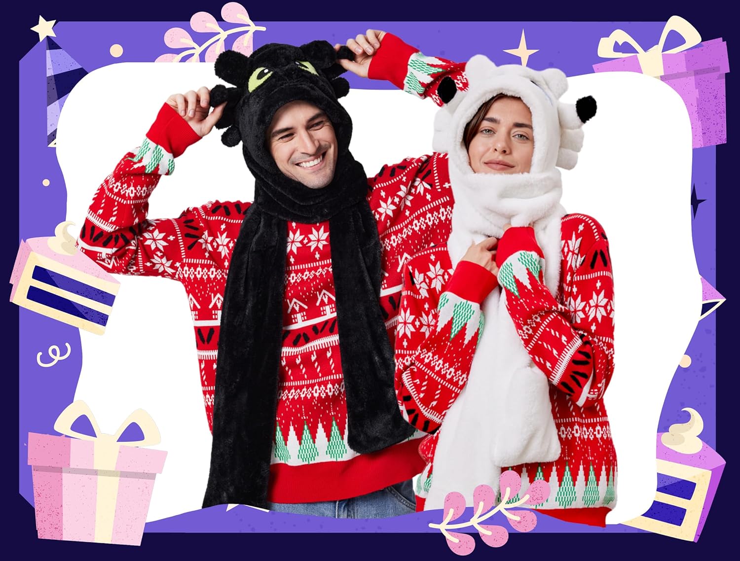 dressfan 3 in 1 Plush Dragon Hat Scarf Gloves Set,Novelty Cosplay Party Hat Christmas & Birthday Gifts for Kids Adults - Image 2