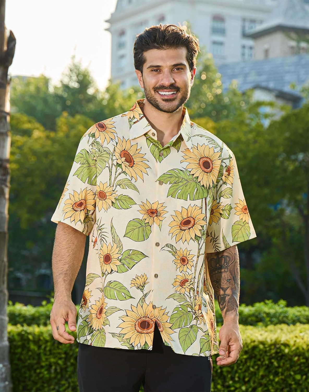 Radiant Sunflower Retro 70s Style Hawaiian Aloha Shirt for Men with Pocket