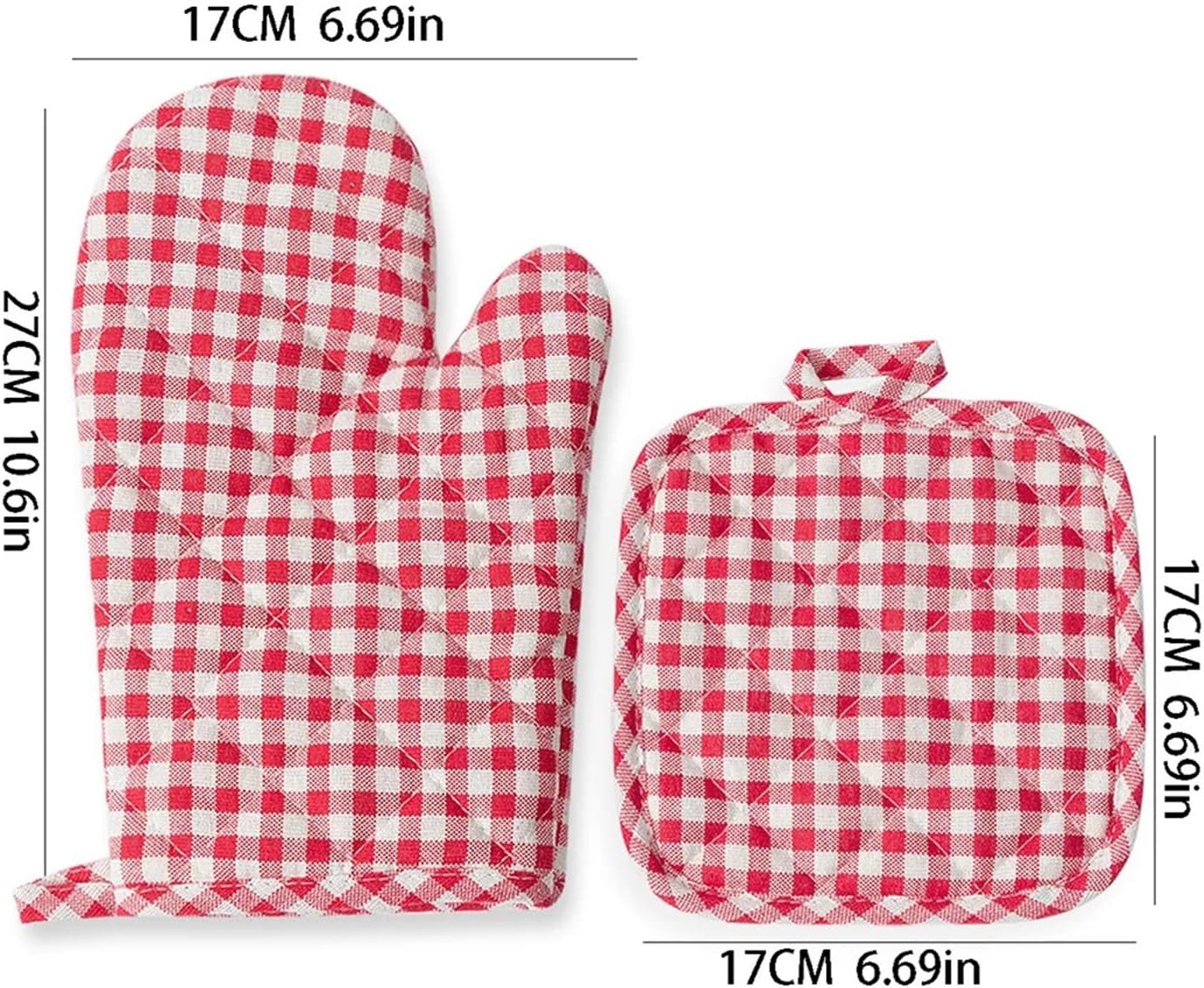 Anti-Scald Oven Gloves Set with Cotton Lining, Thick Multi-Purpose Kitchen Gloves(Red Grid-4PCS)