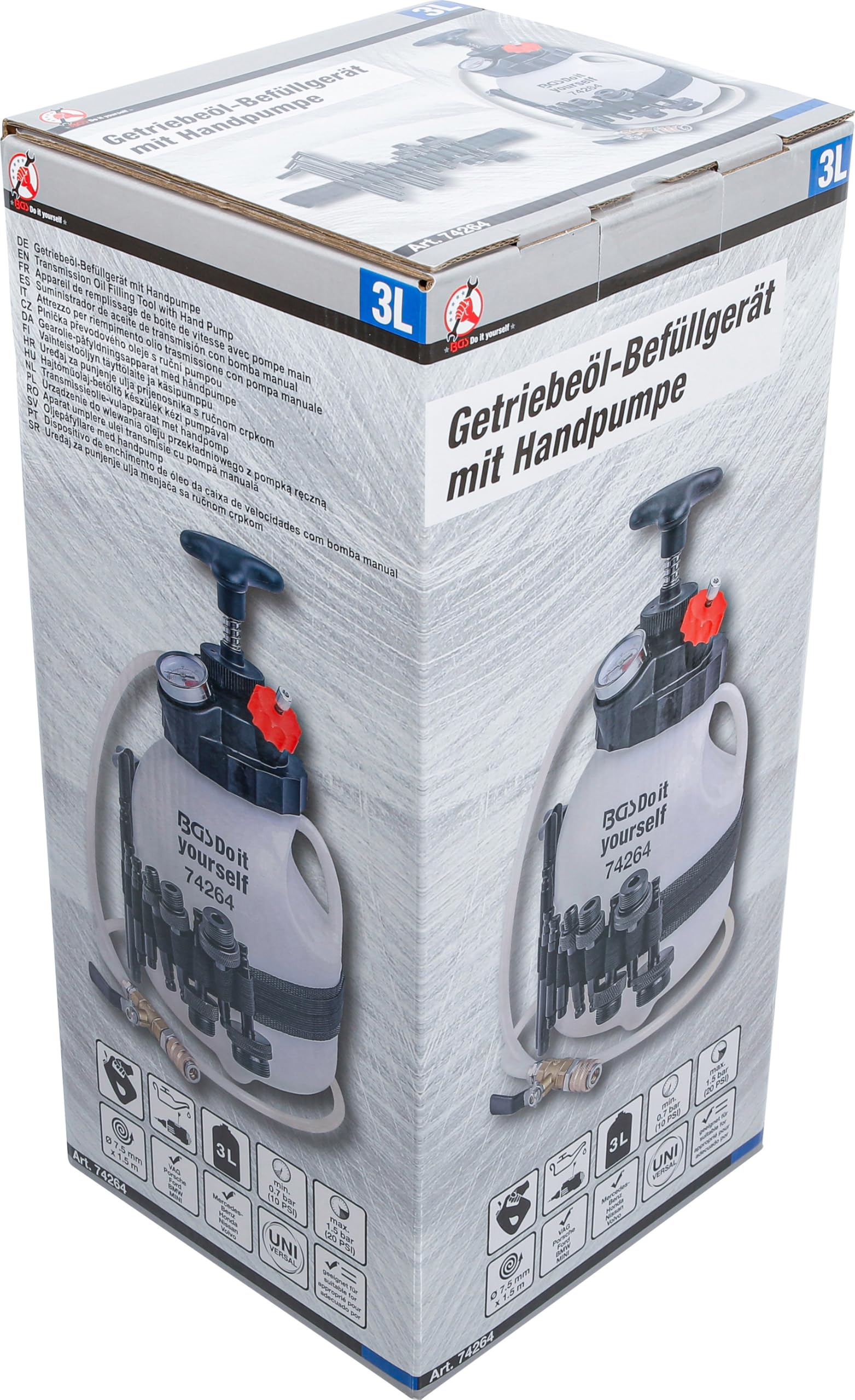 BGS DIY 74264 | Appareil de Remplissage de Boite de Vitesse avec Pompe Main | avec 12 adaptateurs | 3 l