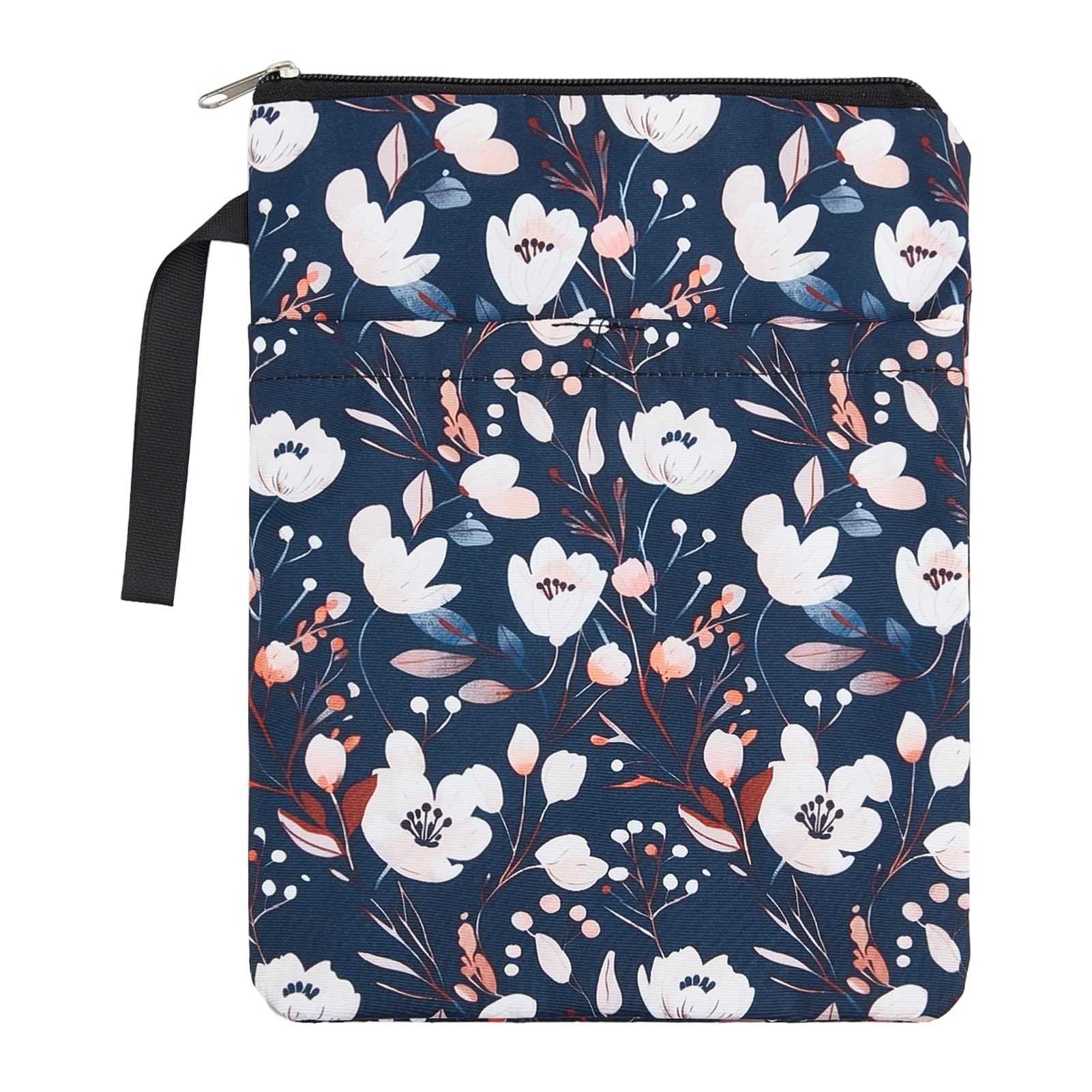 NICENEEDED Orange Flowers Book Sleeve with Zipper and Front Pocket, Ploral Handle Waterproof Fabric Cloth Testbook Cover, Reusable Book Protectors for Adults