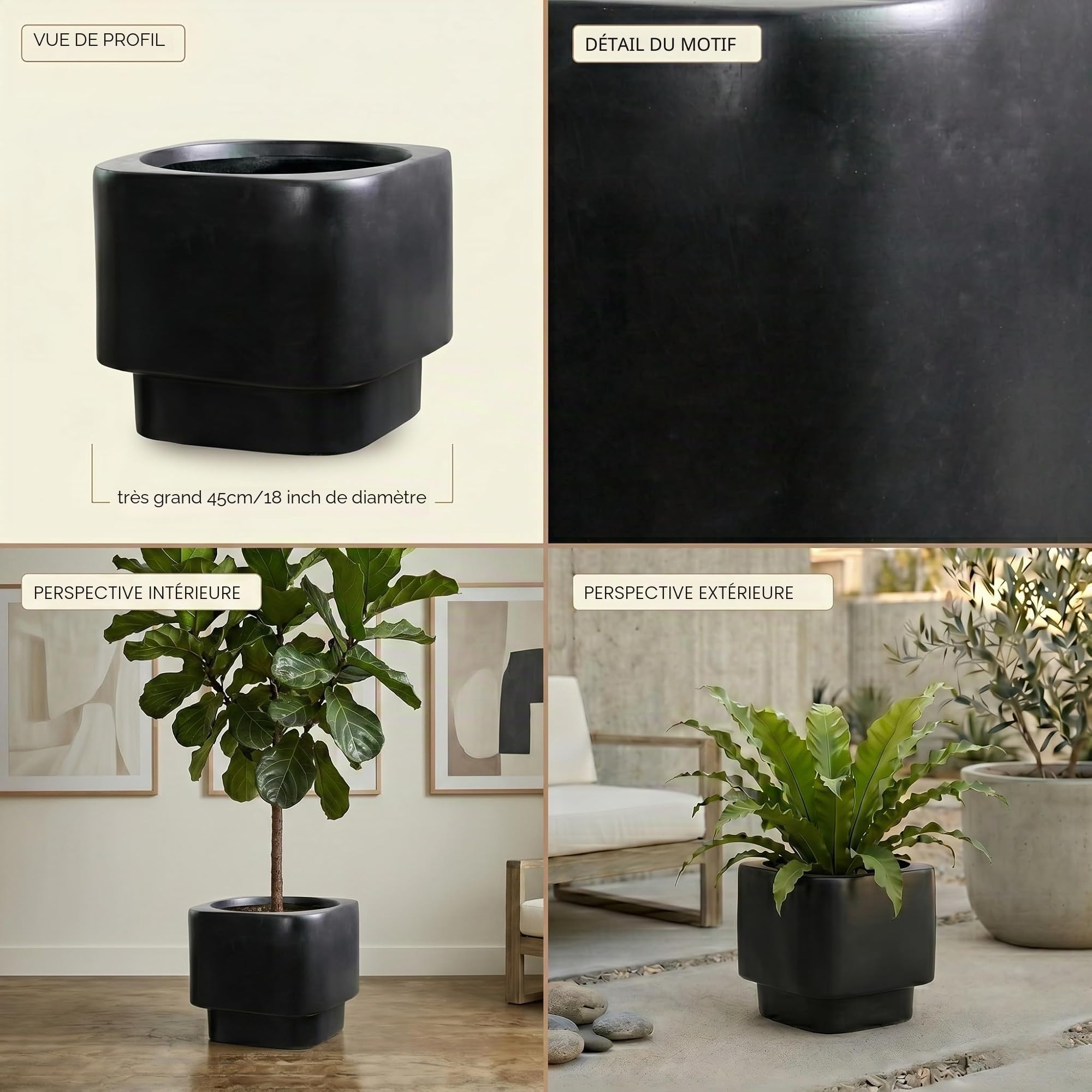 Olly & Rose Pot de plantes Fibretone extra grand 45 cm - Pot de fleurs noir surélevé rectangulaire arrondi pour intérieur et extérieur - Collection Mora
