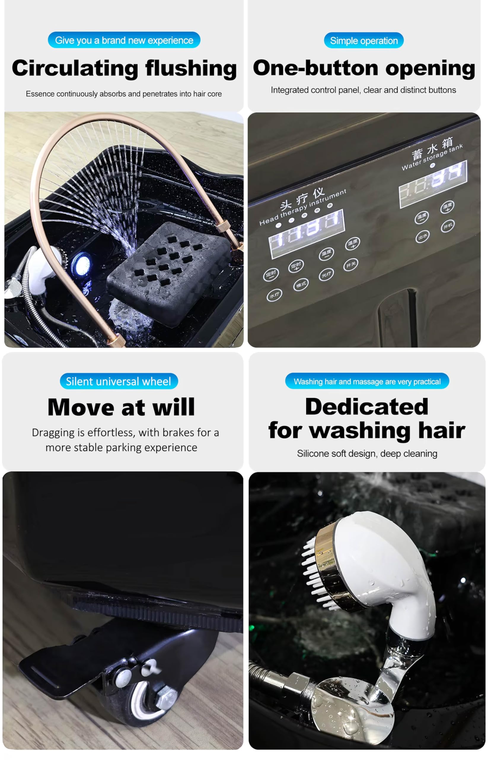 Lavacabezas Móvil para Peluquería, Equipo de Tratamiento Capilar con Depósito de 60L, 4 Ruedas Bloqueables, Almohada Ajustable, Fototerapia y Vaporización, Ideal para Spas y Salones de Belleza, Negro