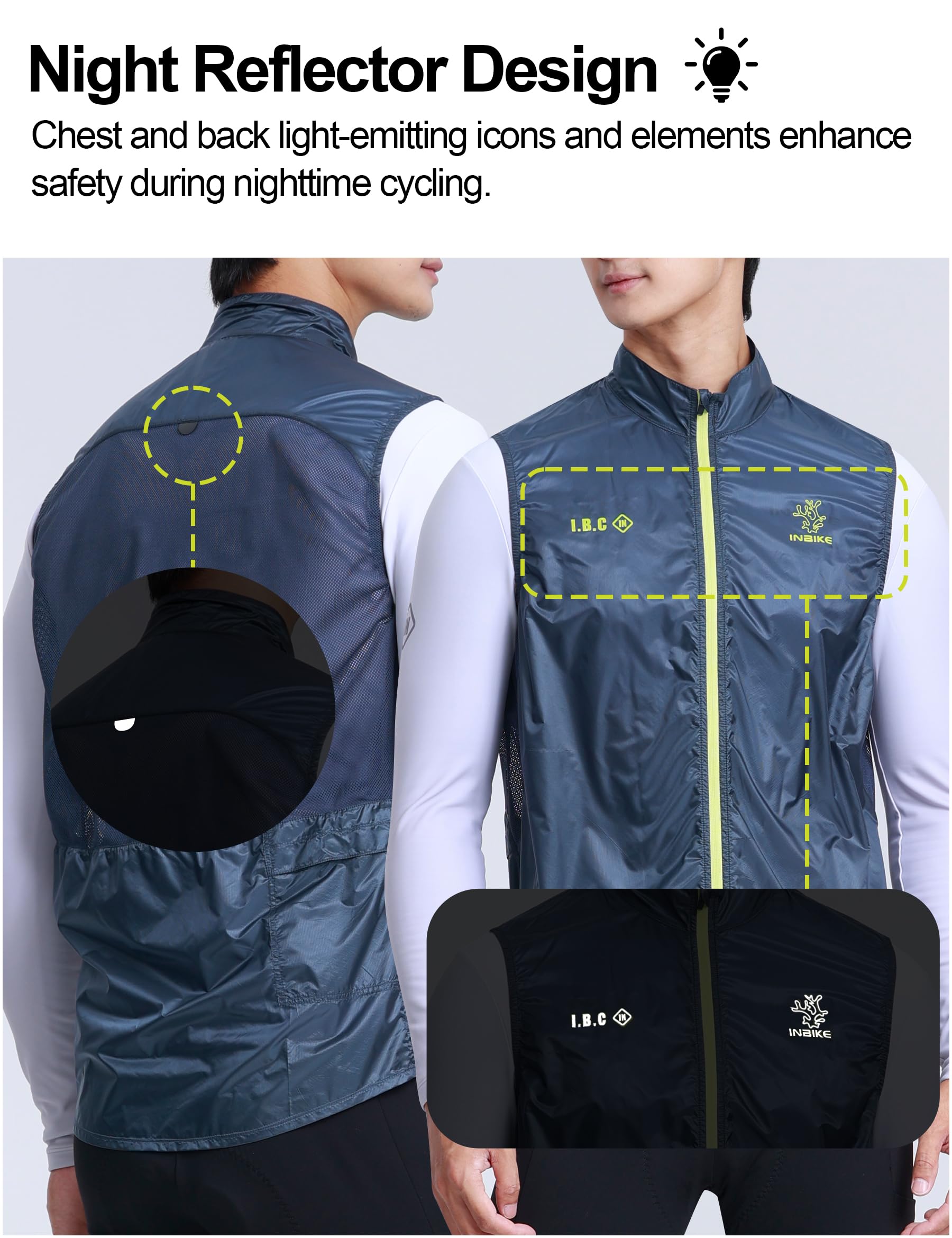 INBIKE Gilet de Cyclisme Homme léger Gilet Course Vent coupe-vent et imperméable Respirant avec Doublure en Poche de Rangement