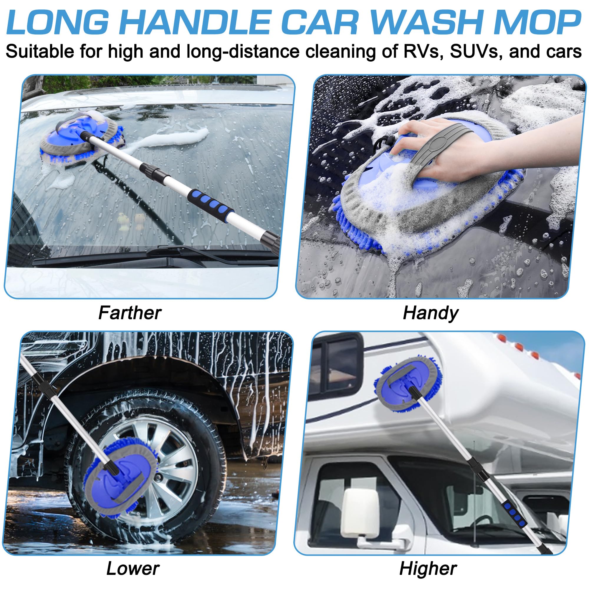 Lezcufer Brosse de Lavage de Voiture de 165,1 cm avec Long Manche, Balai de Lavage de Voiture, Brosse de Lavage de Voiture à Poils Doux avec poignée Extensible et raccord de Tuyau pour Voiture, VUS