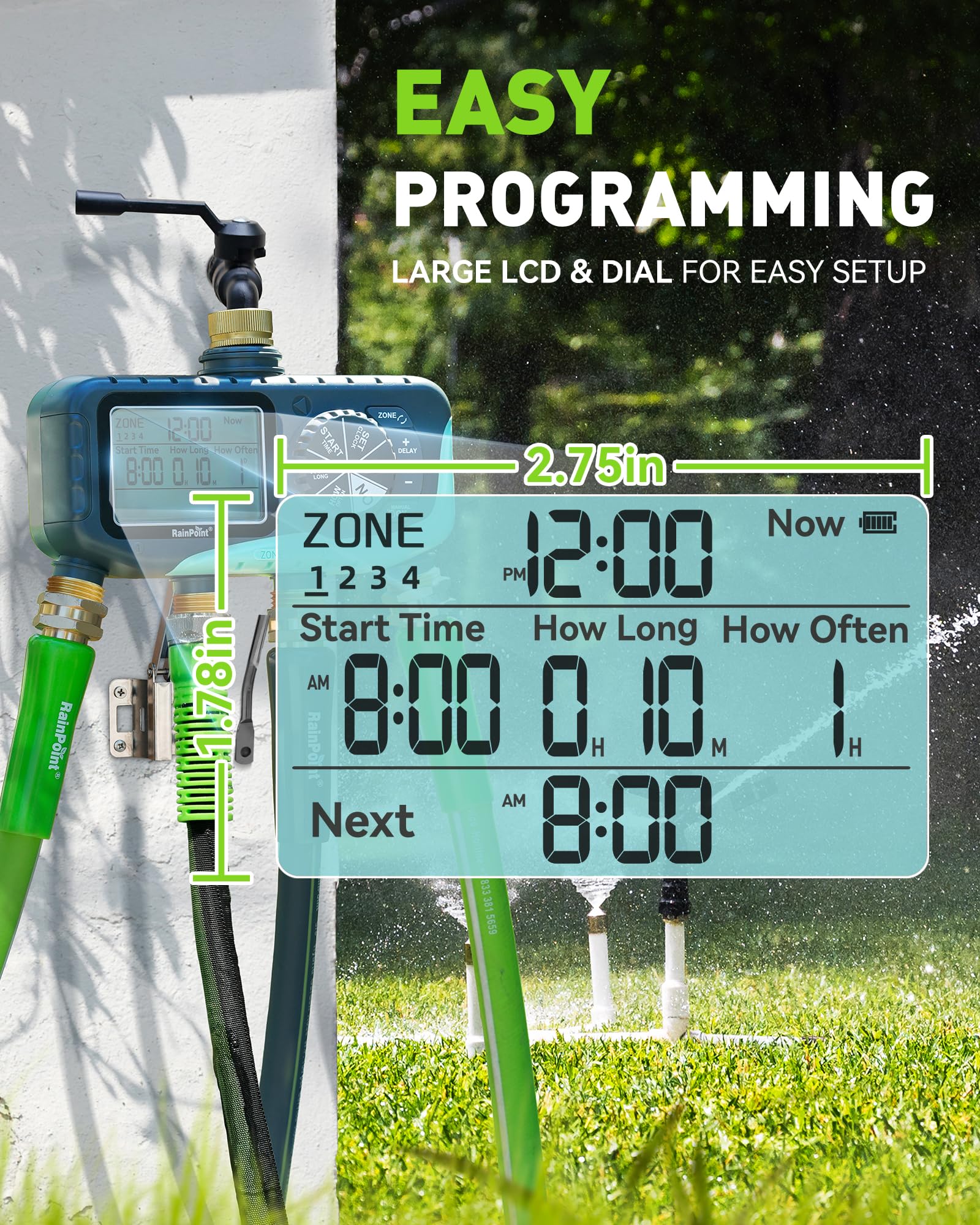RAINPOINT Minuteur d'arrosage numérique à 4 zones, minuterie d'irrigation d'eau programmable avec retard de pluie, système d'arrosage automatique manuel pour tuyaux d'arrosage de pelouse et cour