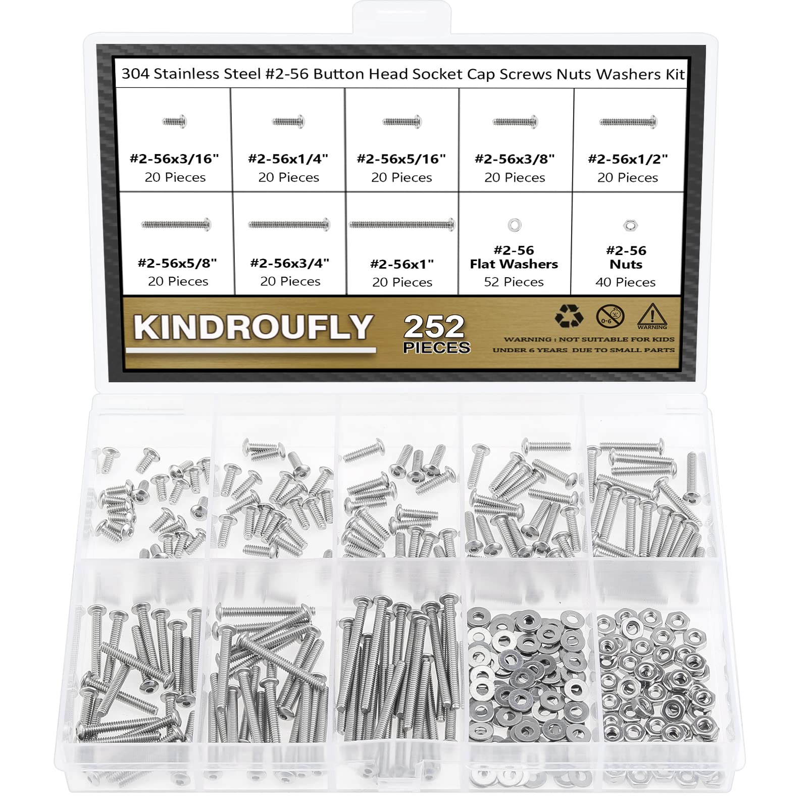 Kindroufly 252 Pieces #2-56 x 3/16", 1/4", 5/16", 3/8", 1/2", 5/8", 3/4", 1", Button Head Socket Cap Screws Nuts Washers Assortment Kit, 304 Stainless
