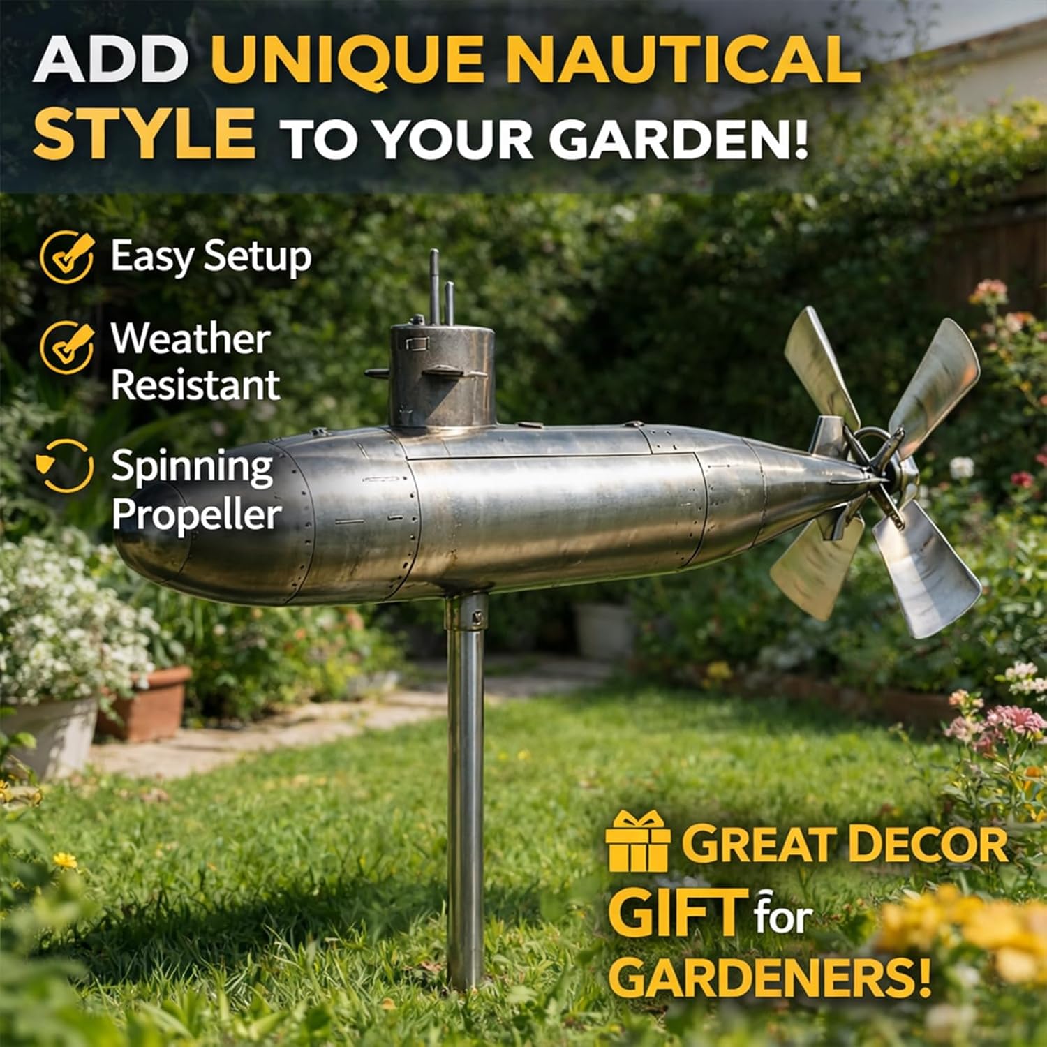 Submarine Wind Spinner, Rotating Submarine Yard Spinner with Blades, Rotating Submarine Yard Spinner with Blades, Submarine Wind Spinner for Front Yard Patio Porch Backyard Lawn Holiday (B)