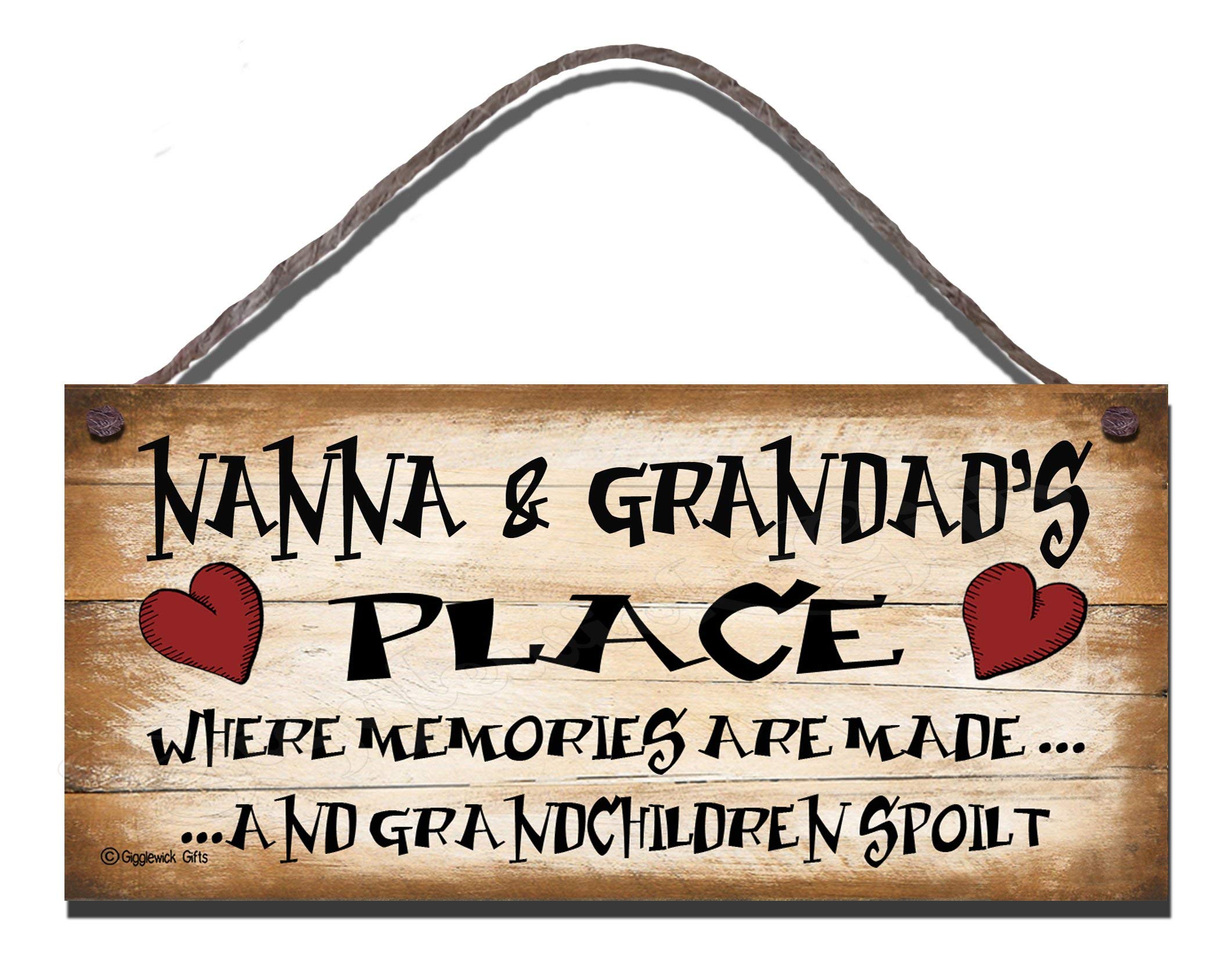 Shabby Chic Wooden Funny Wall Plaque – "Nanna and Grandad's Place Where Memories Are Made and Grandchildren Spoilt" – Heartwarming Gift for Grandparents, Birthday Sign