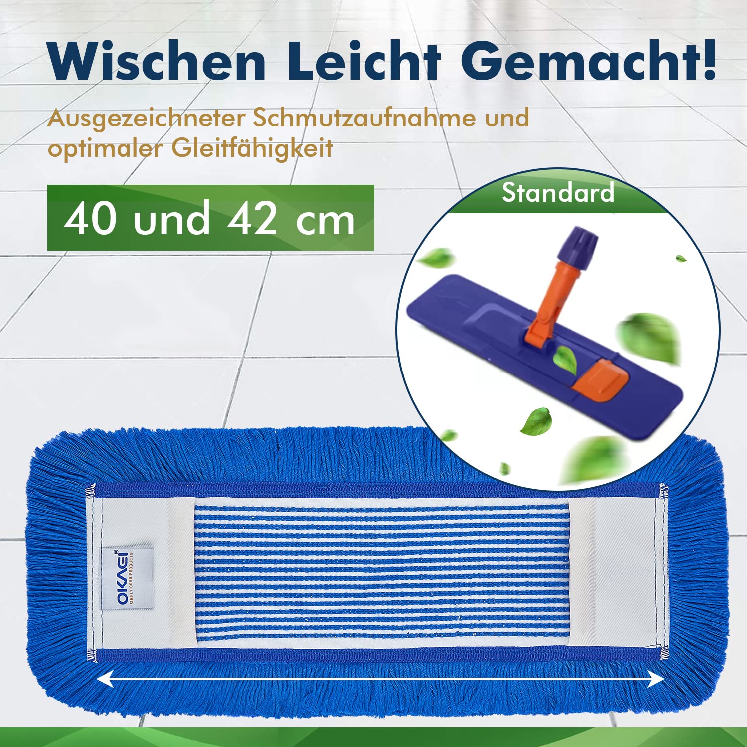 Okaei 10 Stück Wischmopp Bezug (40 cm) - Bodenwischer-Wischbezug zur Trocken- & Nassreinigung - Bodenwischer-Bezug für alle Gängigen Wischmopp-Halter und Pressen - Hochwertiger Wischer-Bezug Blau