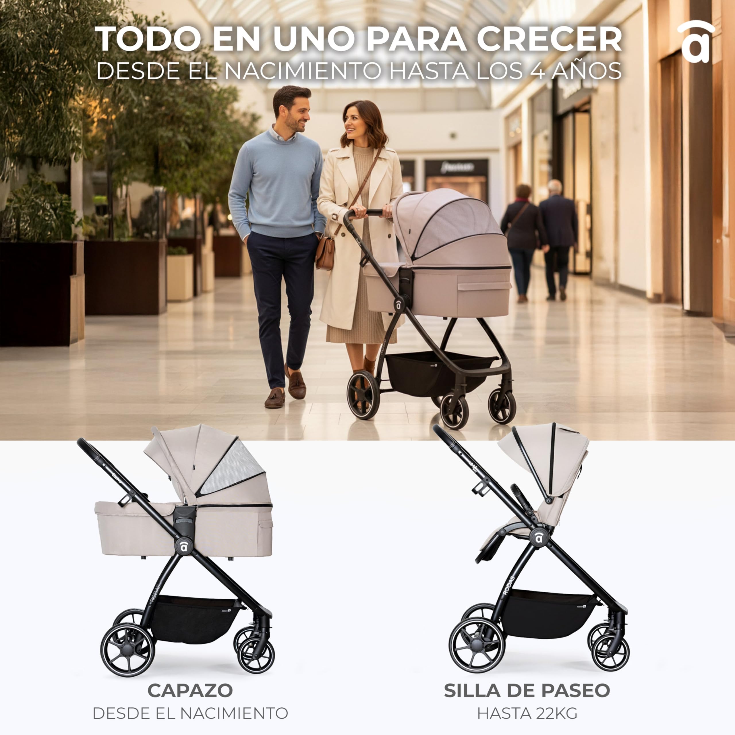 Asalvo DÚO RODAS Silla de Paseo, Carro Plegable Ultraligera y Compacta, Asa Trolley, Equipaje avión, Reclinable, Carro Bebe, Barra Seguridad, Arnés 5 Puntos, hasta 23kg, Negro