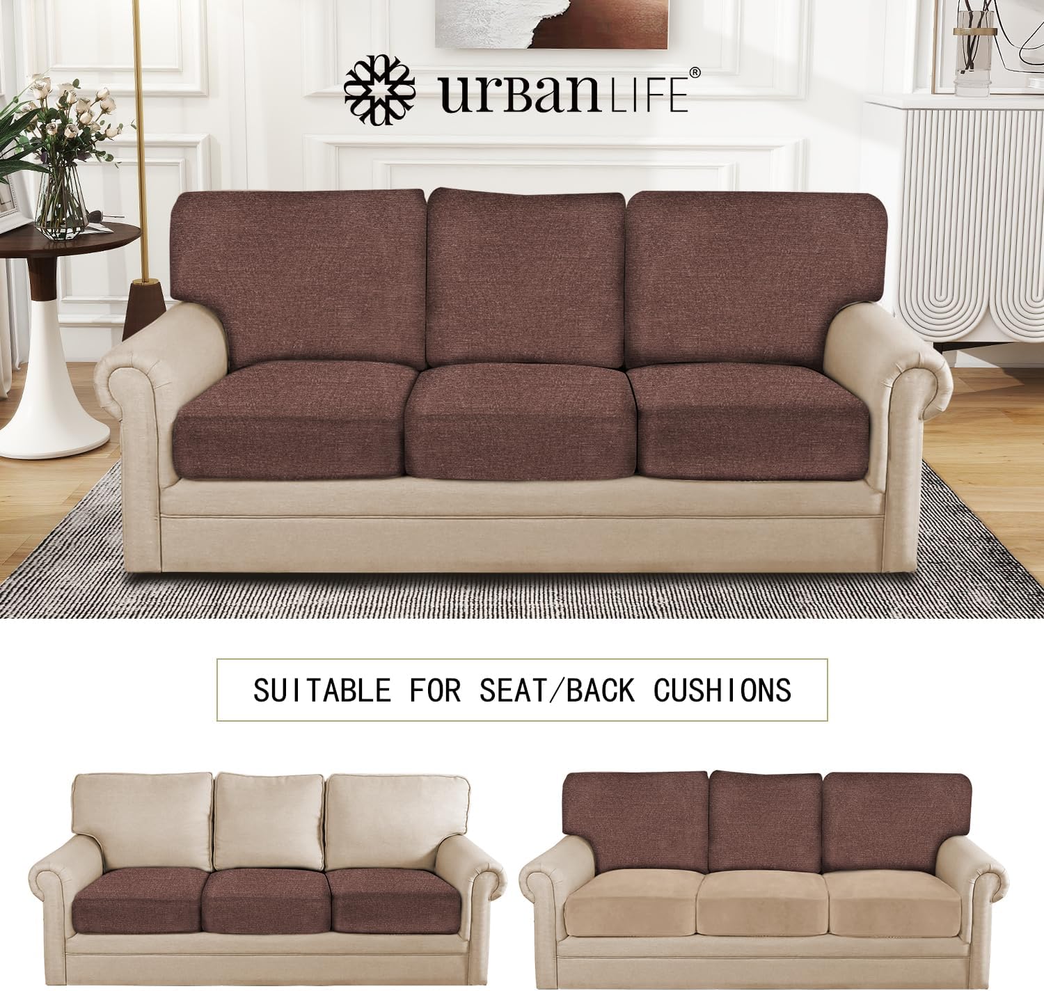 URBANLIFE Stretch Individual Couch Cushion Covers, Replacement Couch Cushion Covers Furniture Protector Sofa slipcover Soft Flexibility with Elastic Bottom (3Pcs Sofa Cushion Cover, Chocolate)