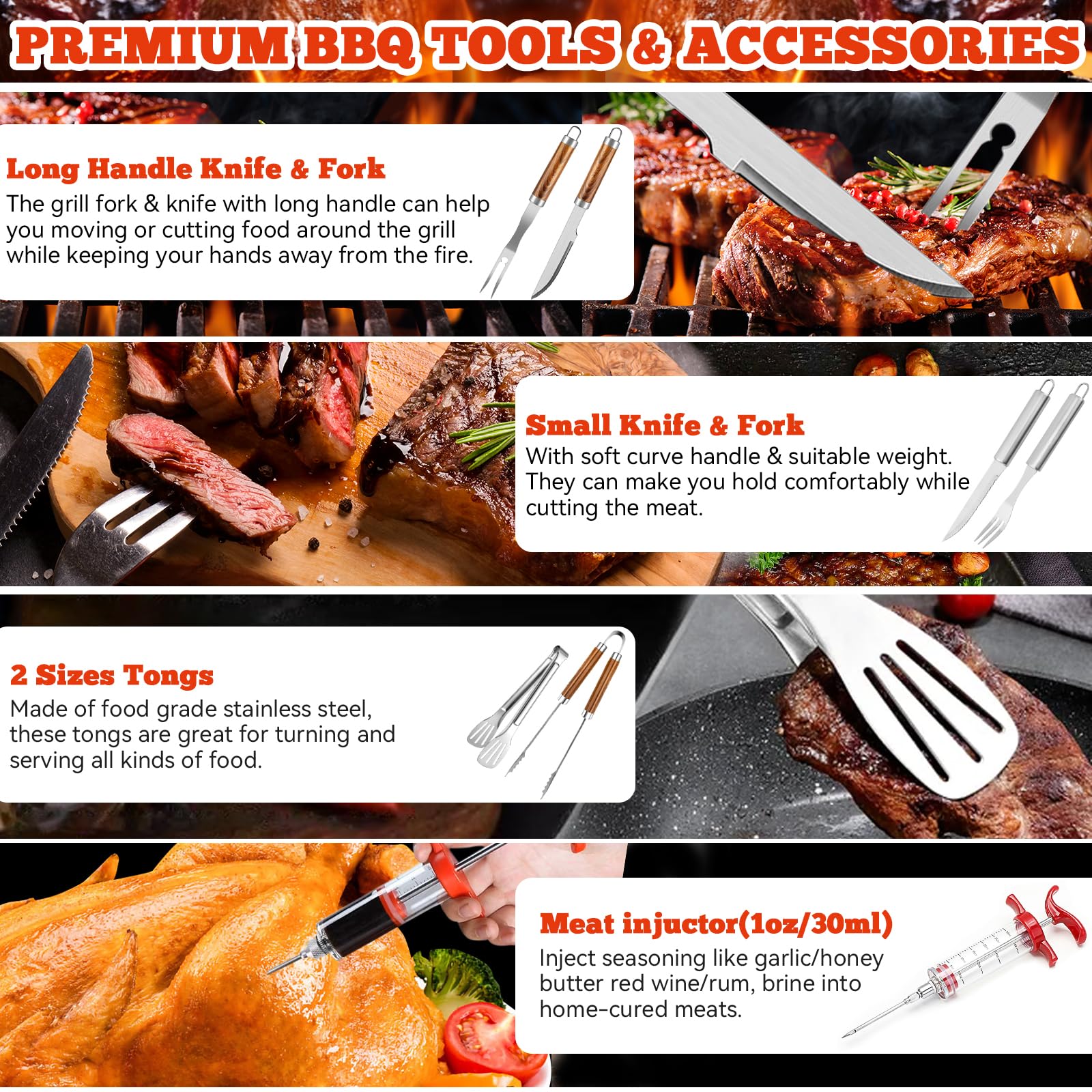 Kit Barbecue 34 Pièces, Ustensiles en Acier Inoxydable, avec Sac de Rangement et Tapis de Cuisson