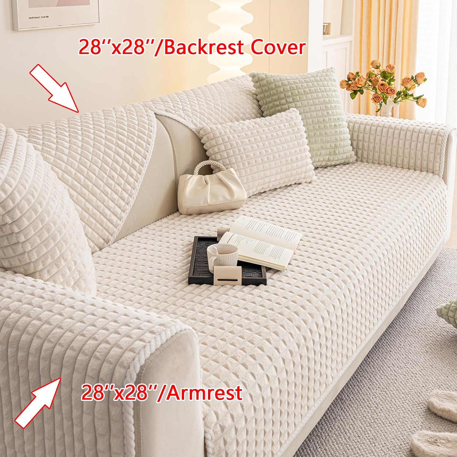 Velvet Couch Cover Sectional, Funny Fuzzy Pet Couch Covers for 3 Cushions Sofa, Plush Warm Sofa Covers for Pets Washable, Non-slip Couchs Cover for Pets & Kids(1PC, Beige White, 35.4"×82.6")