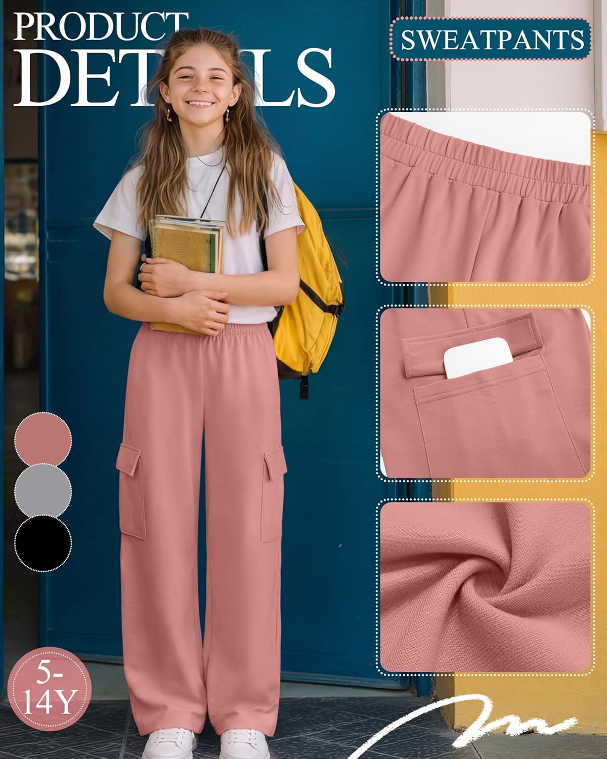 3 Pack Girls' Cargo Sweatpants Elastic Waist Straight Leg Joggers Athletic Casual Basic Pants with 4 Pockets