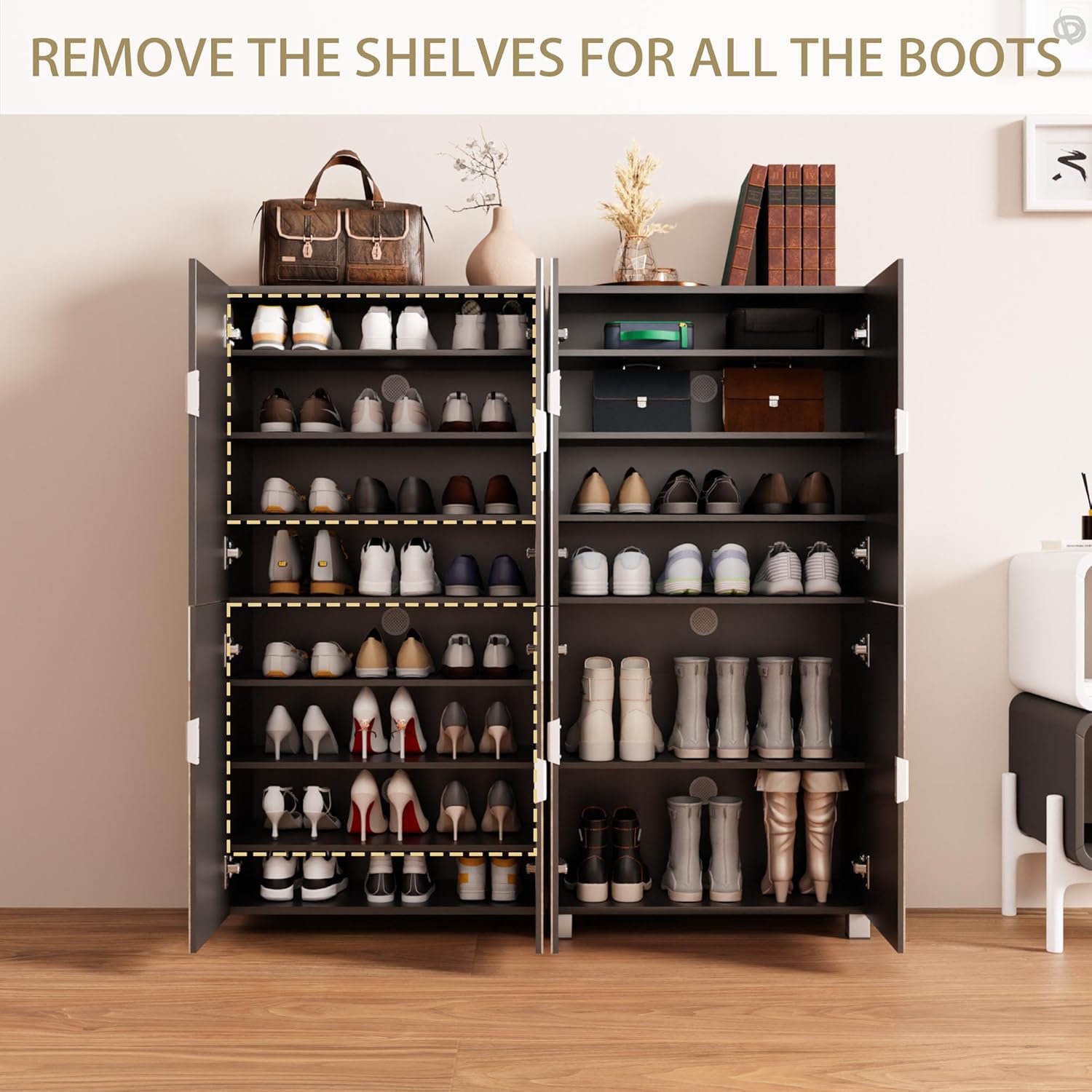 HRVEOCEI Mirror Shoe Cabinet Entryway with Doors, Tall Enclosed Shoe Storage with Adjustable Shelves & Ventilation Holes, Wooden Closed Shoes Rack with Metal Handle for Hallway Apartment (Black)