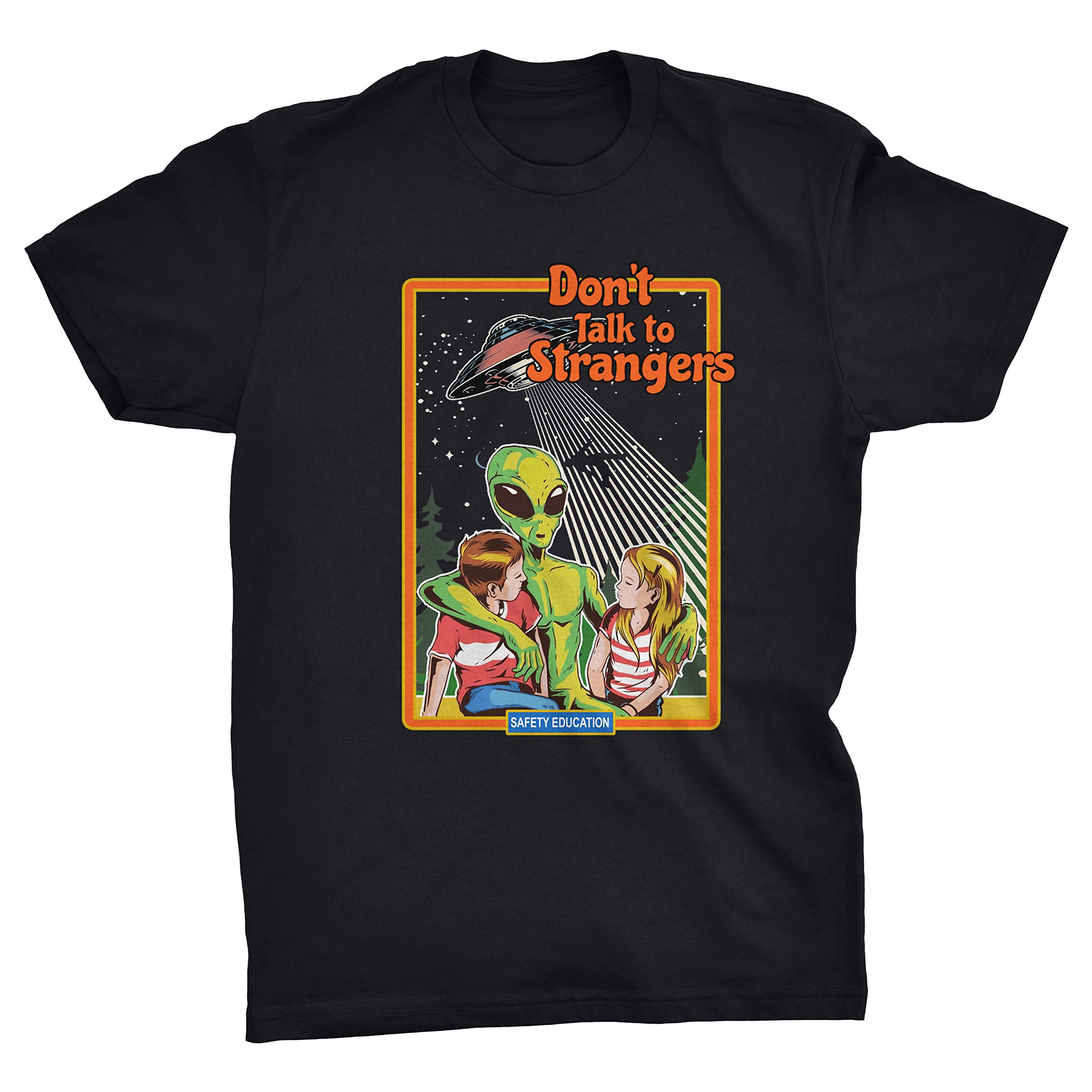 Don't Talk to Strangers Retro Alien Invasion Safety Education UFO T-Shirt (Black, XL)