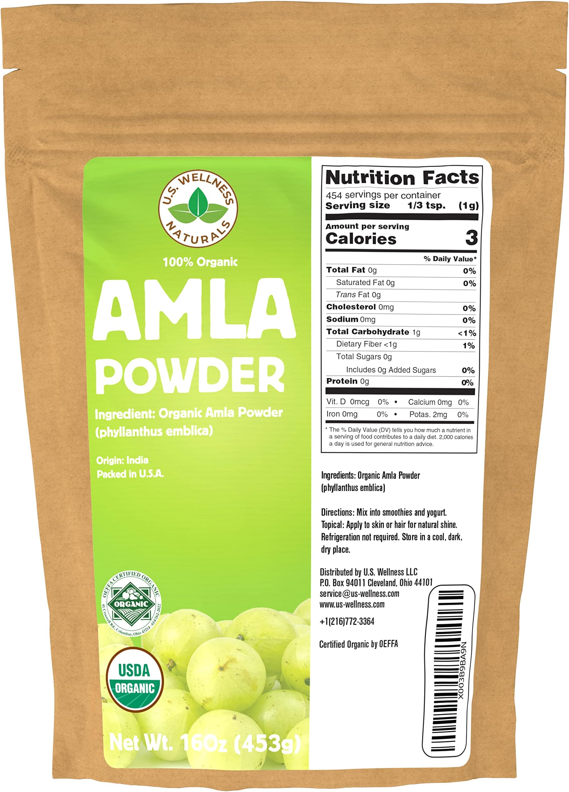 Organic Amla Powder (Amalaki) | 16oz Resealable Kraft Bag (1lb) | Indian Gooseberry Amla Powder | Perfect for Cooking, Smoothies, Tea by U.S. Wellness Naturals