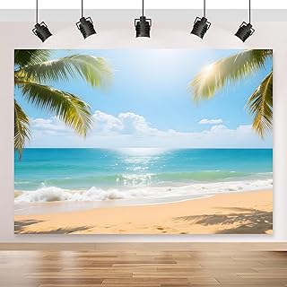 Summer Beach Seaside Backdrop 7x5FT, Polyester Tropical Palm Trees Beach Waves Photography Background for Party Decoration, Ocean Blue Sky Supplies Photoshoot