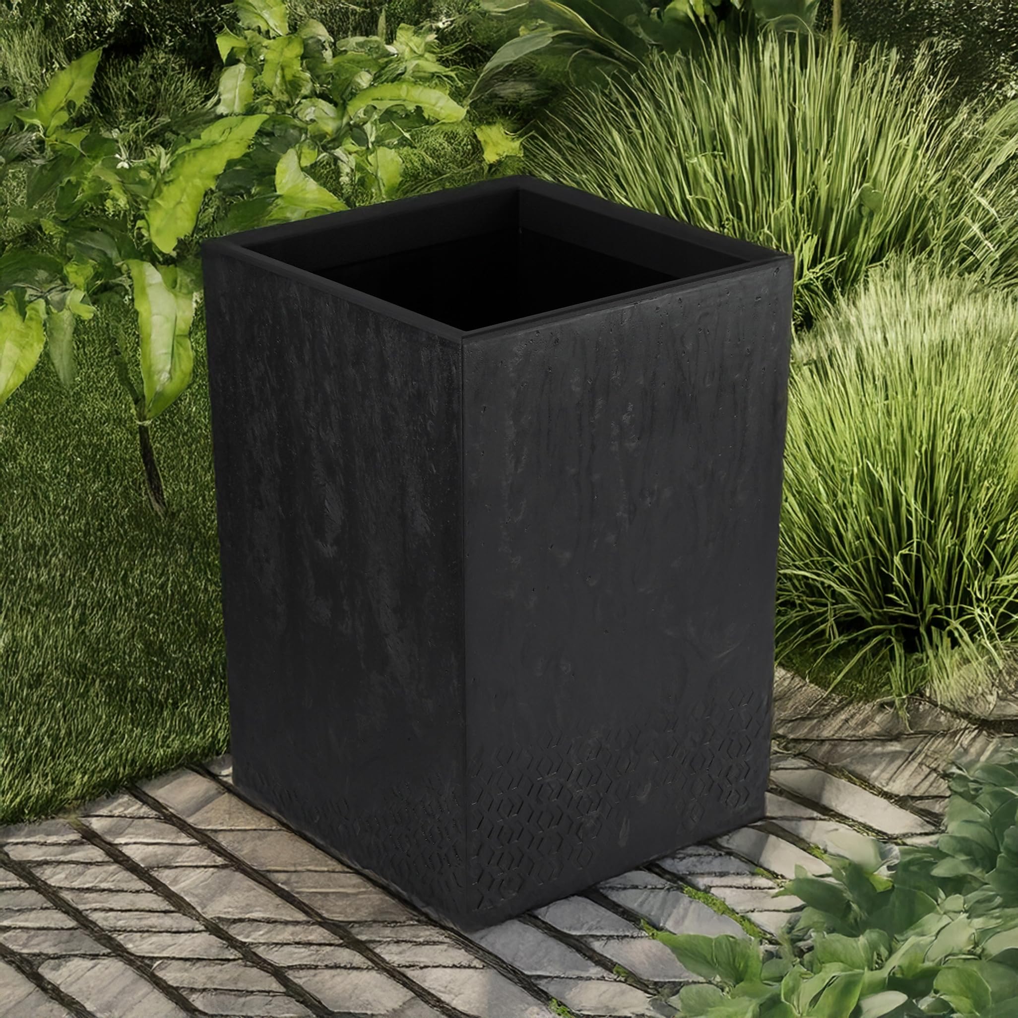 Vaso Da Fiori Con Inserto 40x60 cm, Plastica Riciclata, Con Ruote, Look Cemento Nero, Per Interno/Esterno, Robusto