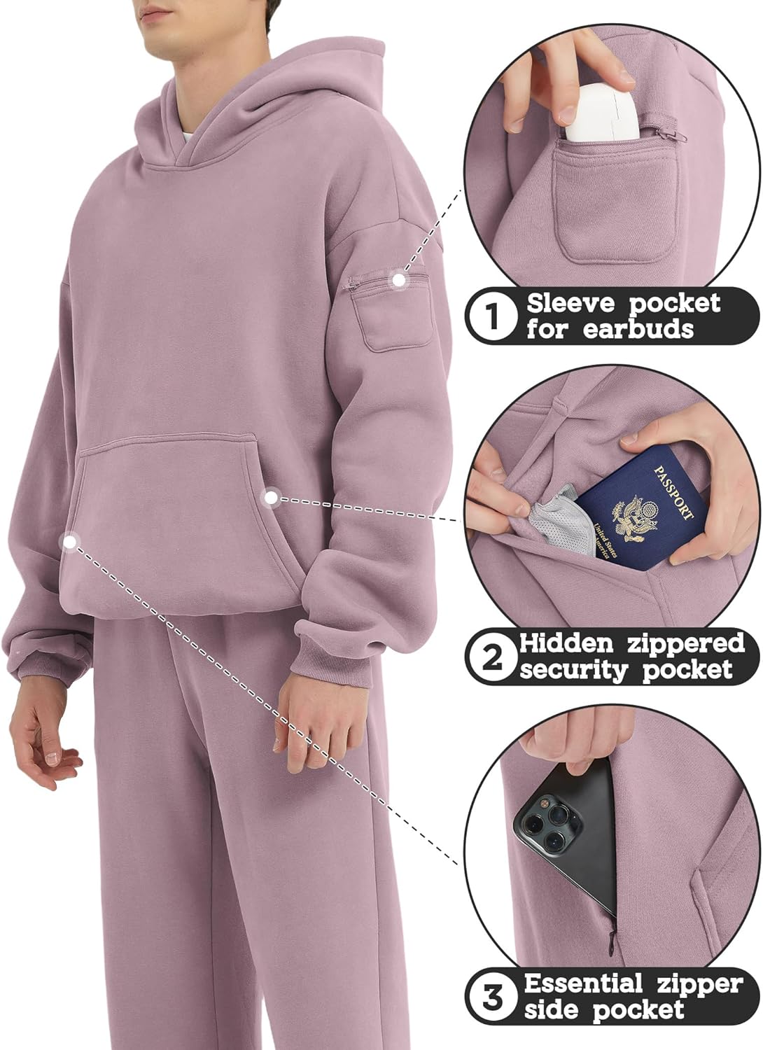 FAIABLE Men's Hoodies Pullover Oversized Soft Hooded Sweatshirts Fleece Relaxed Fit Casual Travel Hoodie with Hidden Pocket