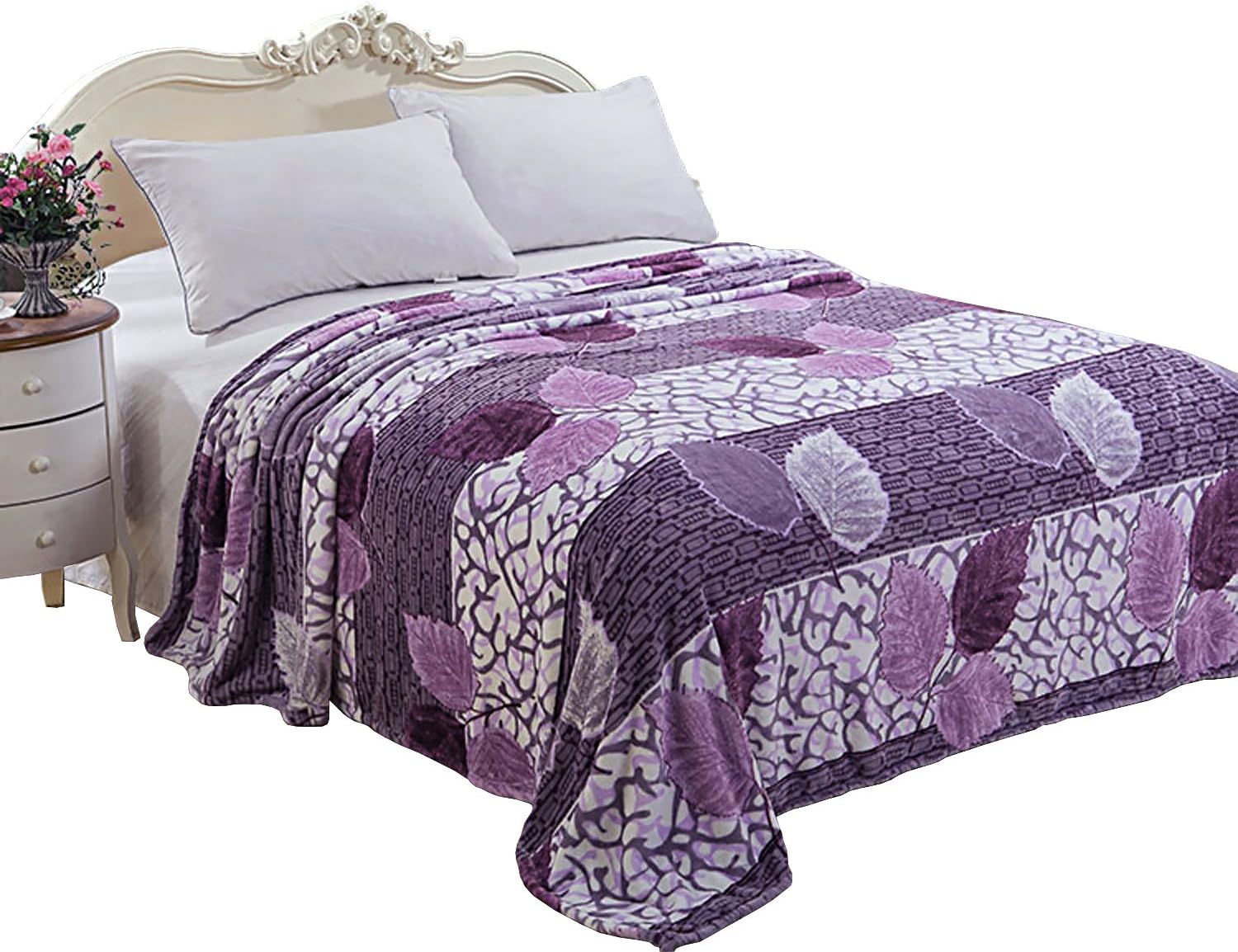 CaliTime Super Soft Throw Blanket for Bed Sofa Couch, Cozy Warm Flannel Fleece Purple Leaves, Full