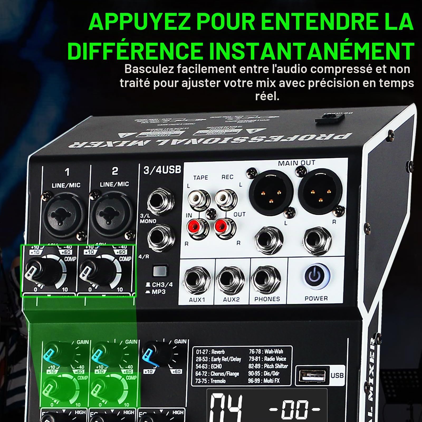 Mixeur audio 4 canaux, table de mixage audio professionnelle avec effets 99DSP, table de mixage DJ compacte avec USB, Bluetooth, alimentation fantôme 48 V et bouton PAD pour l'enregistrement, le
