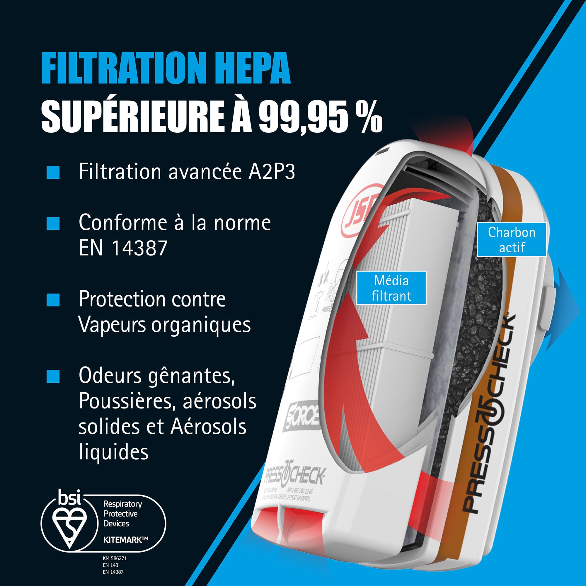 JSP Filtre Combiné A2P3 PressToCheck™ (1 Paire) - Pour Force 8 & Force 10 - Protection Gaz Organiques, Vapeurs, Poussières Fines - Bricolage, Industrie - EN 143 & EN 14387