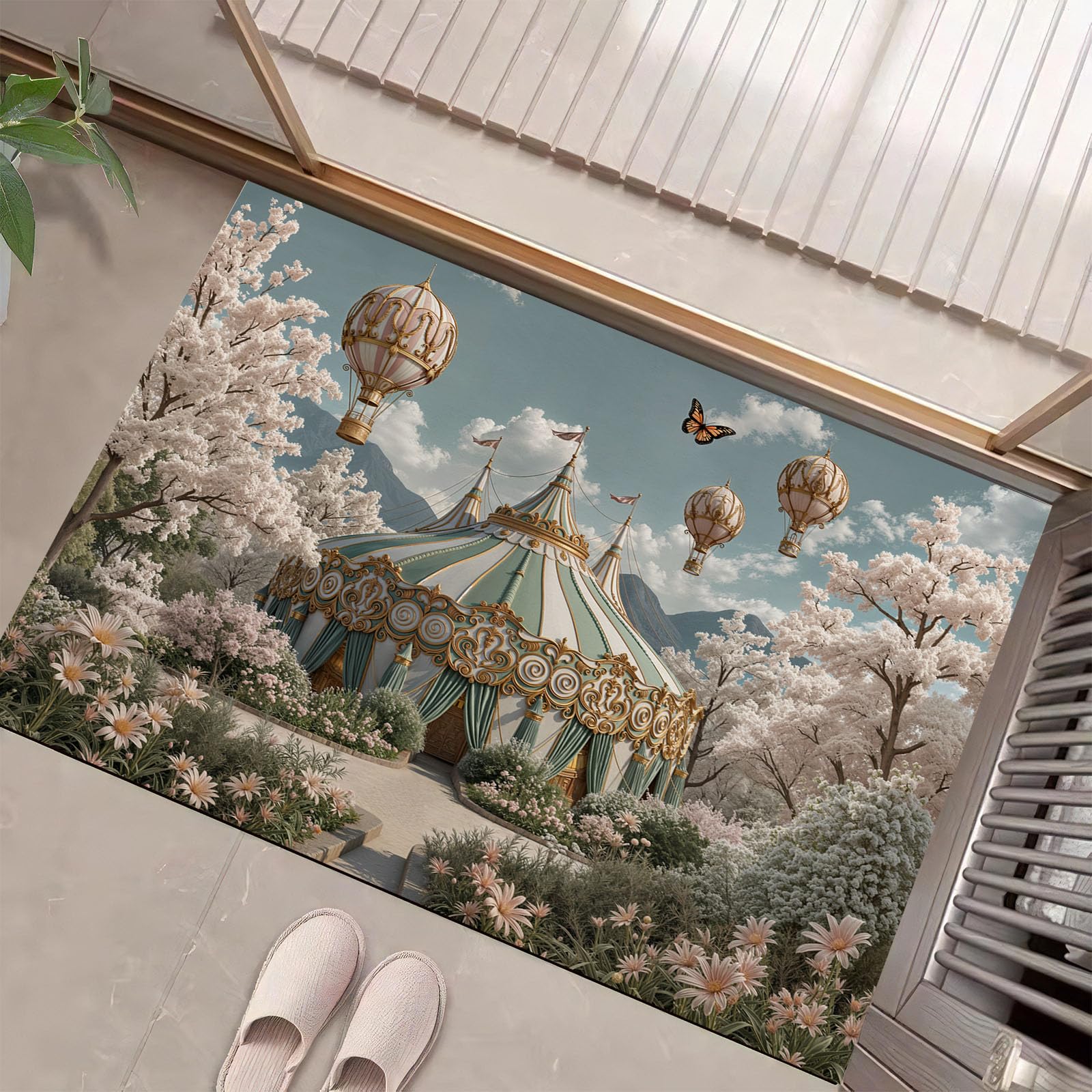 Montgolfière aux fleurs paillasson fantastique tapis de porte rose