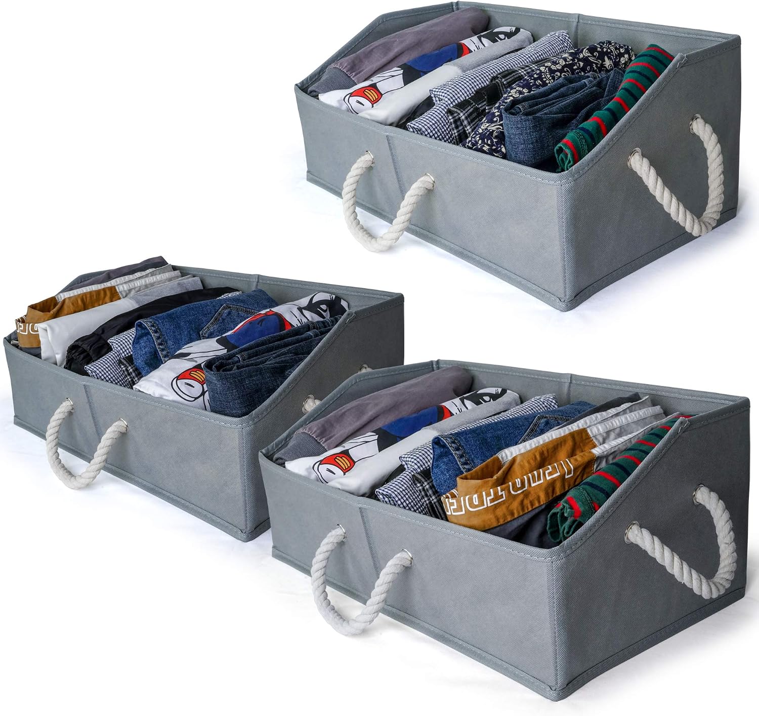 3 Closet Organizers and Storage Bins, Fabric Organizing Box Cubes, Decorative Laundry Baskets, Collapsible and Foldable, Heavy Duty Toy Shelves for Kids, Trapezoid, Gray, 19” Wide