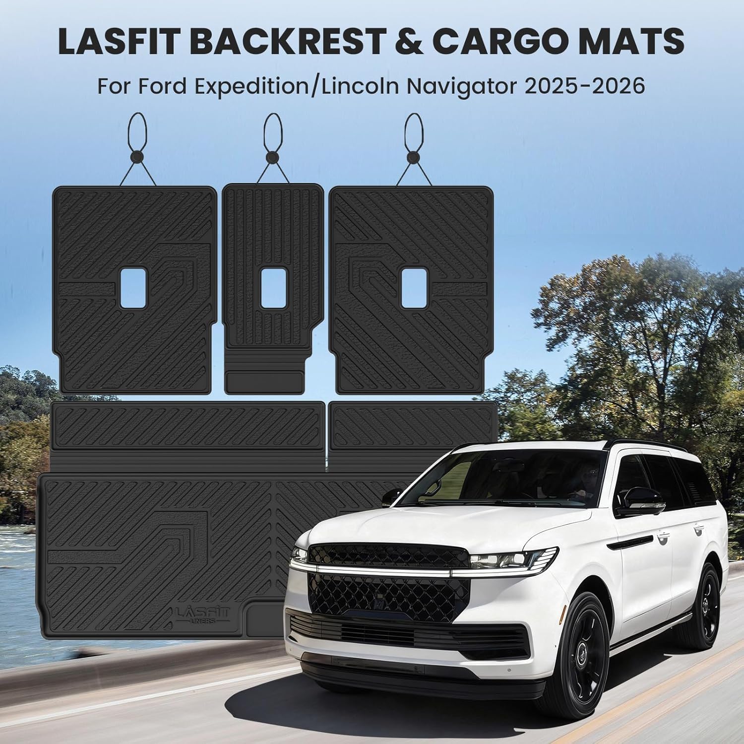 LASFIT Floor Mats&Cargo Backrest Mat for 7&8 Seats Ford Expedition Standard & Lincoln Navigator Standard 2025 2026,Costom Fit All Weather Protection TPE Easy Clean Floor Liners,4pcs.