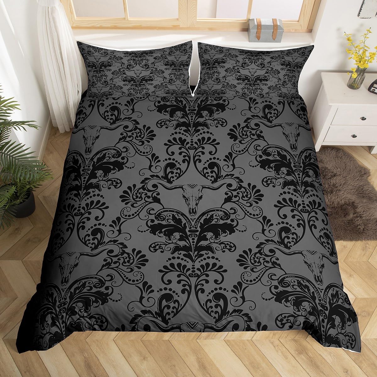 Homewish Adults Black Damask Grey Bedding Antique Victorian Baroque Single Duvet Cover Set, Gothic Vintage Floral Comforter Cover Exotic Longhorn Skull Quilt Cover, Gothic Bohemian Decor โ image 1