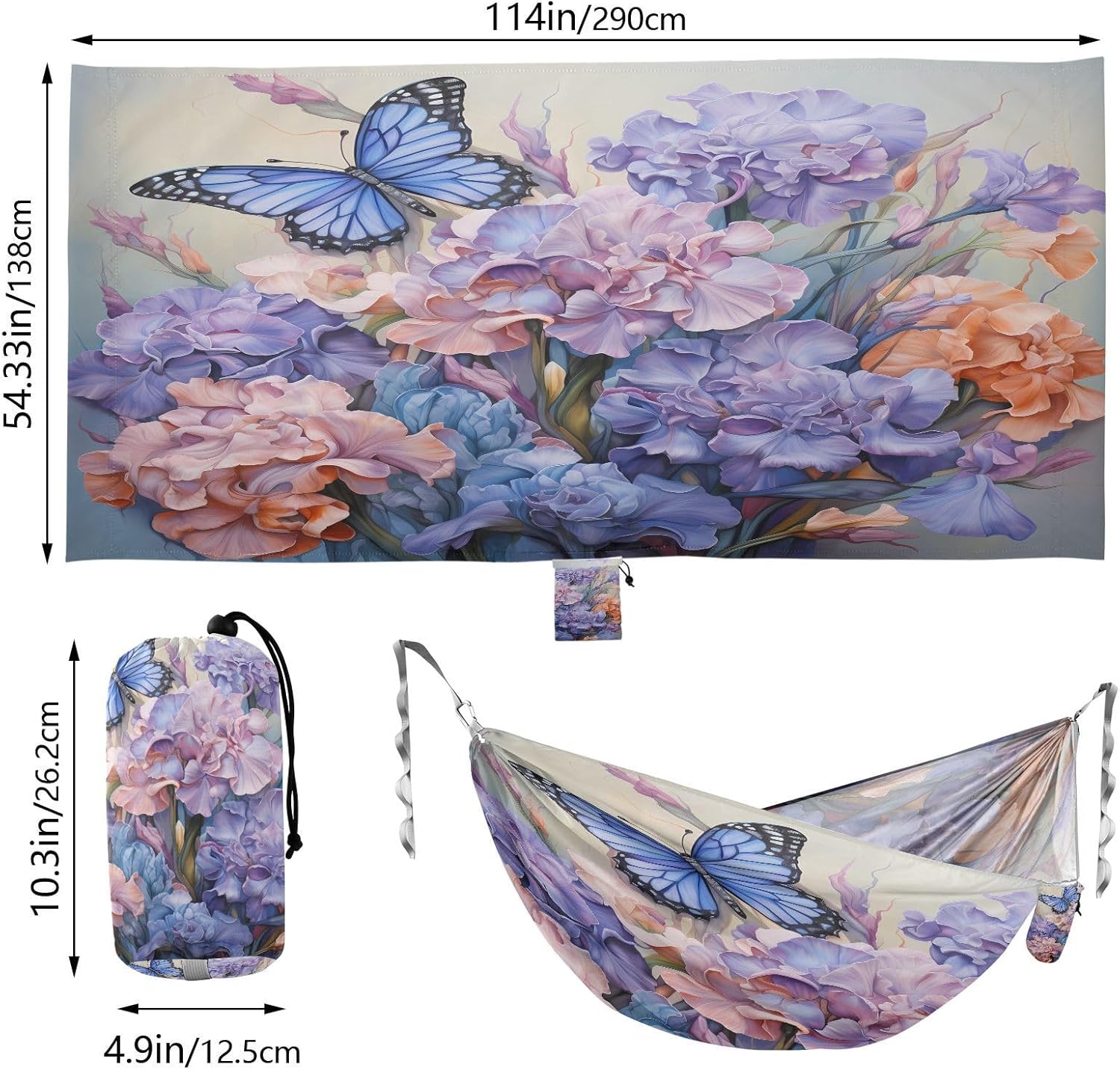 ALAZA Butterfly Iris Flowers Camping Hammocks Single or 2 Person 500 lbs Portable Parachute Travel Hammock w/Tree Straps for Hiking Backpacking Indoor Outdoor