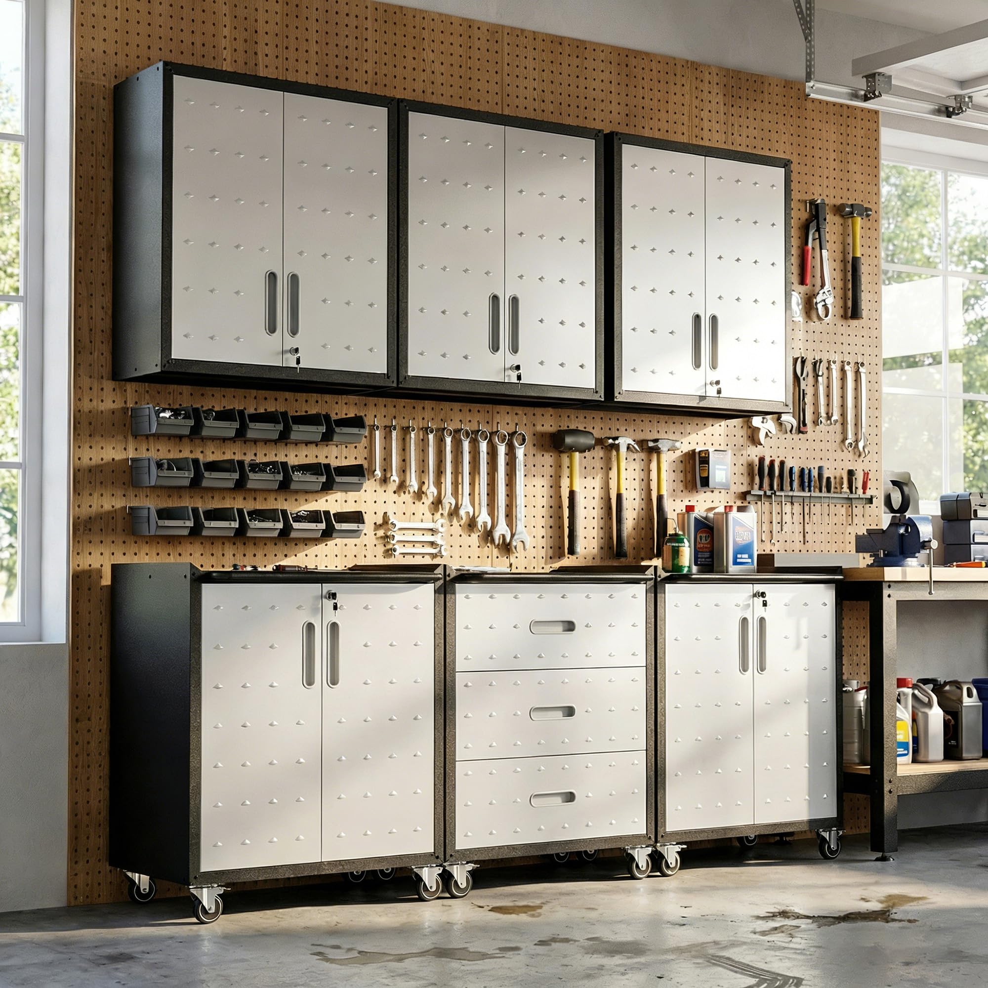 Garage Cabinet System | Heavy Duty Steel All-in-One Modular Garage Cabinet Set for Ultimate Workshop Organization | Easy Assembly Garage Storage Cabinets &amp; Tool Bench