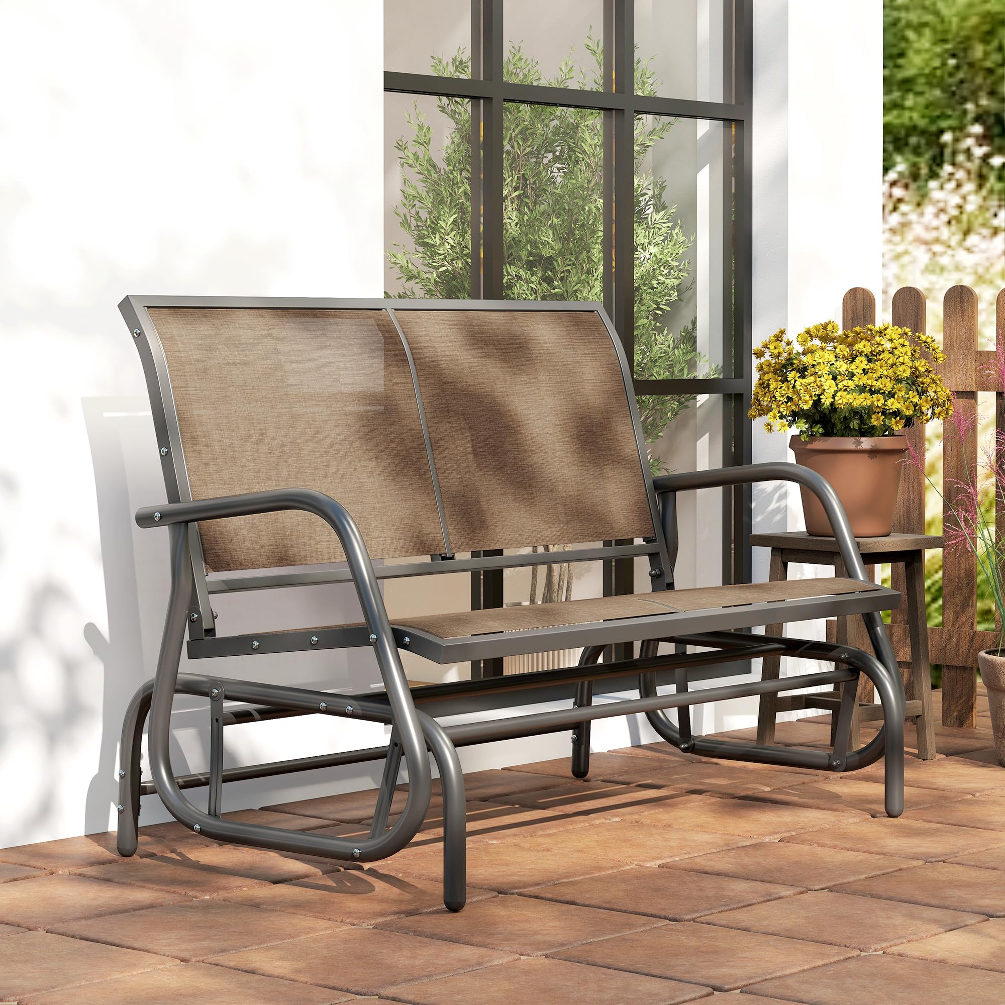 Outsunny Panchina a Dondolo da Giardino a 2 Posti, Panca da Giardino in Metallo e Tessuto a Rete Traspirante, per Balconi, Patio, Terrazzo, 120x70x85cm, Marrone Chiaro