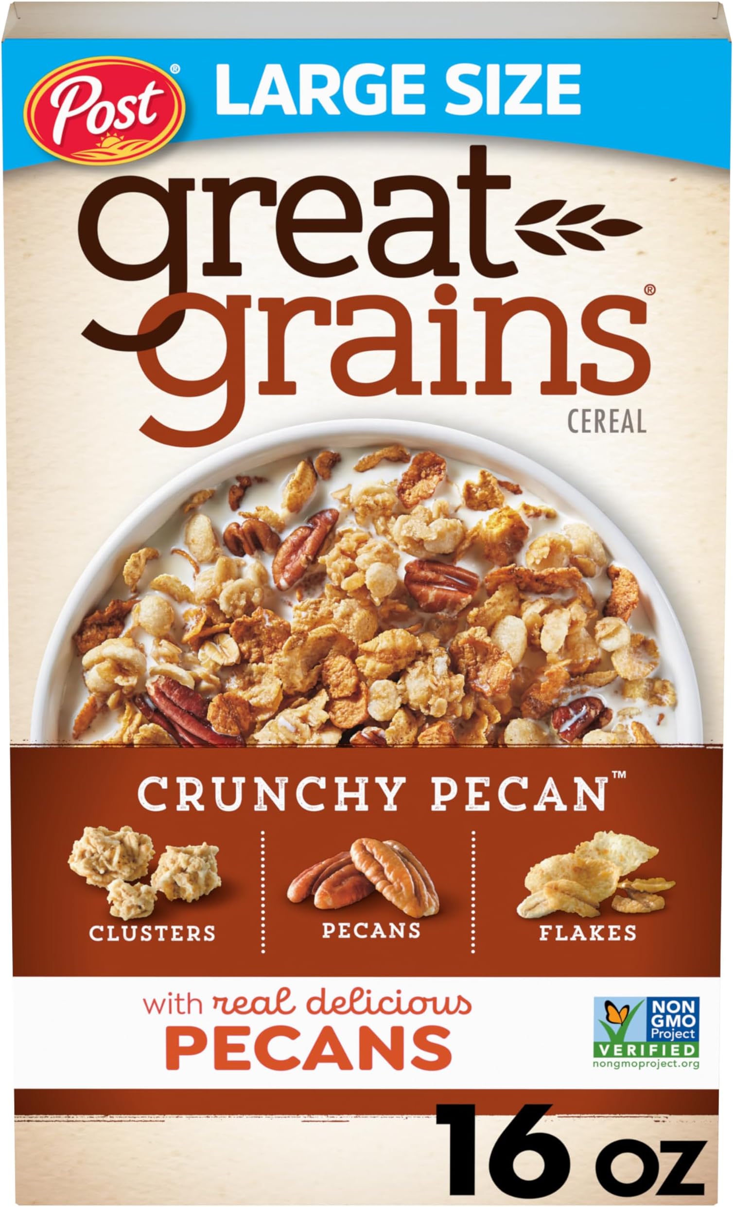 Great Grains Crunchy Pecans Breakfast Cereal for Adults, Crispy Flakes and Granola Clusters, Non-GMO, Heart Healthy, Made with Whole Grain, 16 oz Box