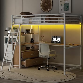 Twin Size Metal&Wood Loft Bed with Desk and Shelves, Two Built-in Drawers, LED Light and USB Charging Station, White
