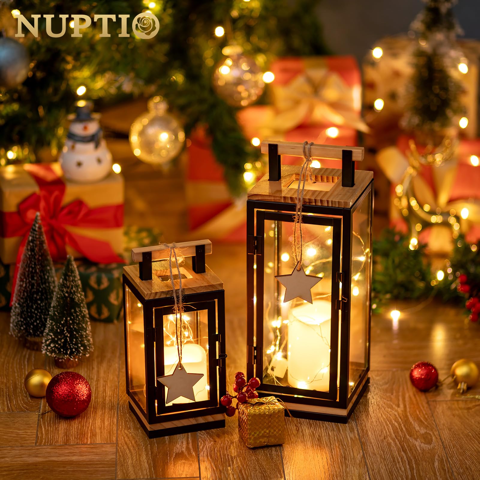 NUPTIO Laterne mit Timer für Kerzen Holz: 34 23.5cm LED Kerzen Laternen Set Schwarz Metall Outdoor Holzlaterne Kerzenlaterne Draußen Weihnachten Grablaterne Friedhof Wetterfest Gartenlaterne Windlicht