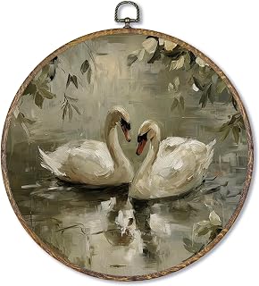 Fewgb Vintage Swan Round Wall Art Decor Framed, Cottagecore Antique Canvas Wall Art Prints Picture, Rustic Farmhouse Hanging Room Decor Artwork for Gallery Bedroom Kitchen Dance Room Studio 10x10