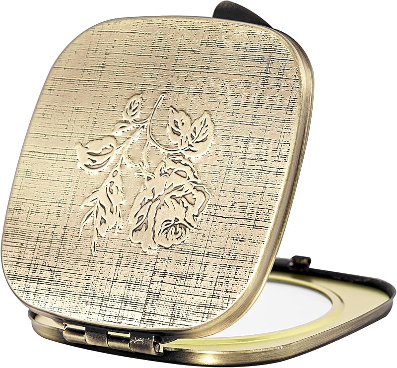 Espelho compacto de viagem LIKSANGMETALS 1X/2X dobrável de mão, bronze antigo