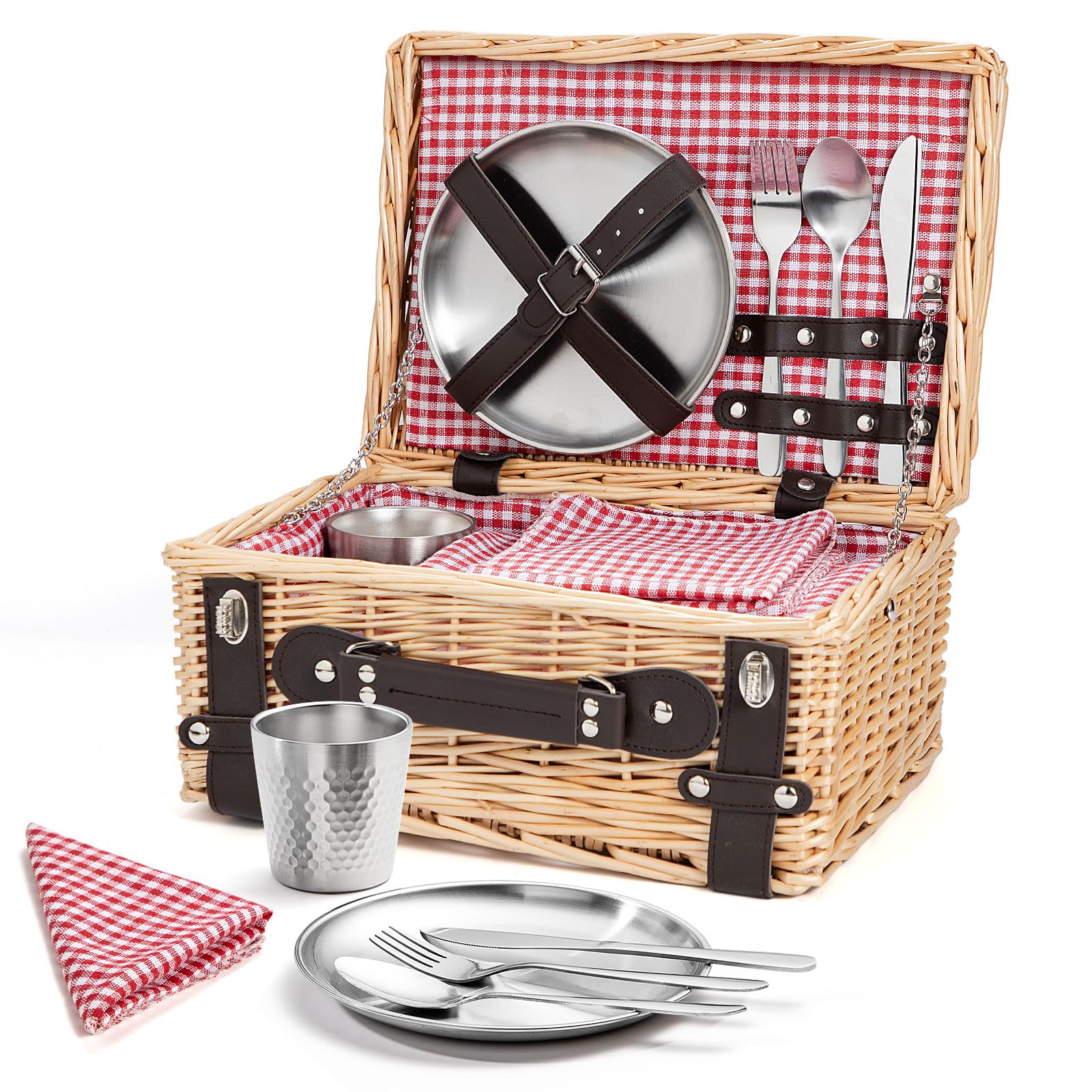 Panier de Pique-Nique pour 2 Personnes, Panier en Osier avec Couverture Imperméable et Service de Couverts (Osier Clair - Rouge)