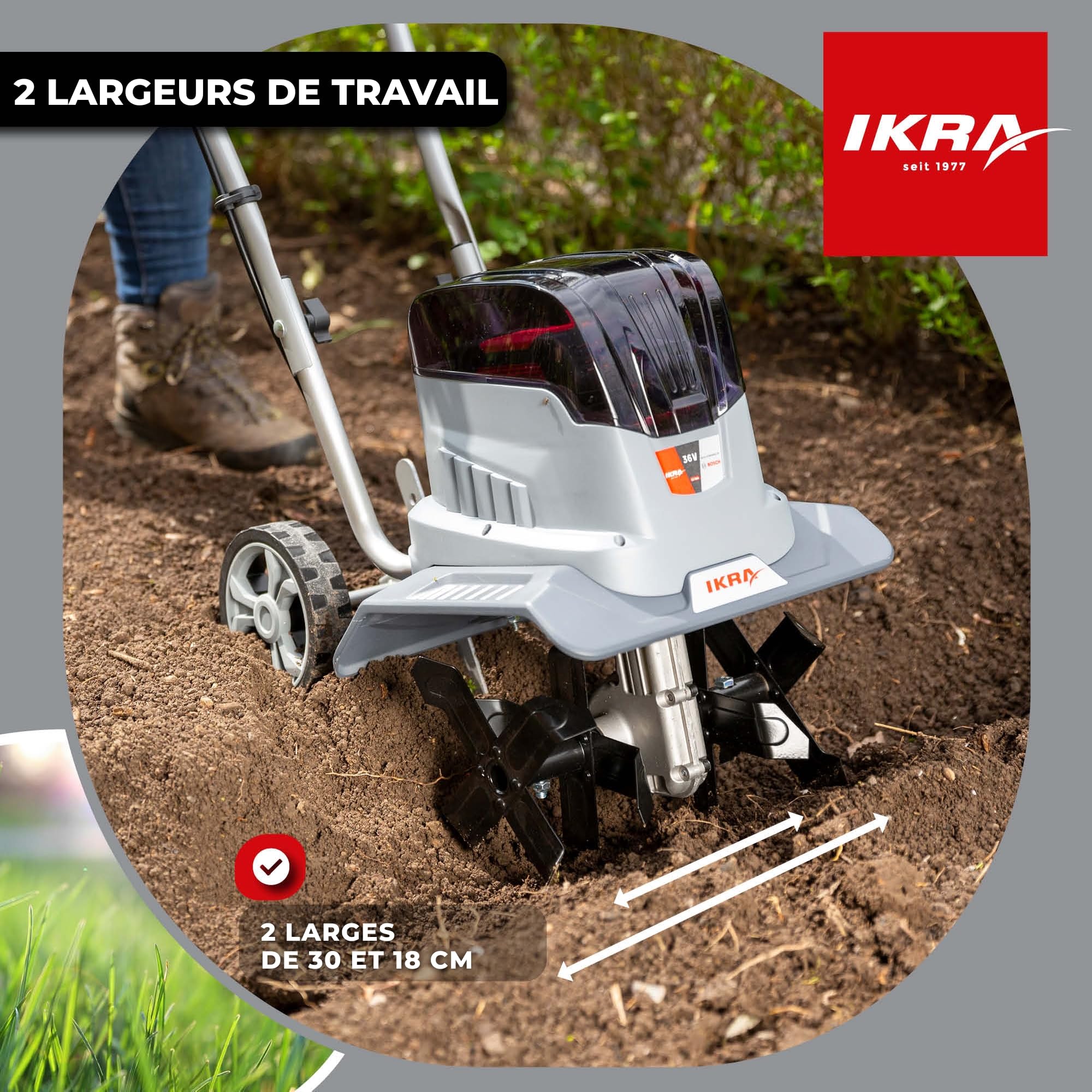 IKRA Motobineuse 36V sur Batterie IB-TC 36, Deux largeurs de Travail 18-30 cm, Compatible avec Bosch