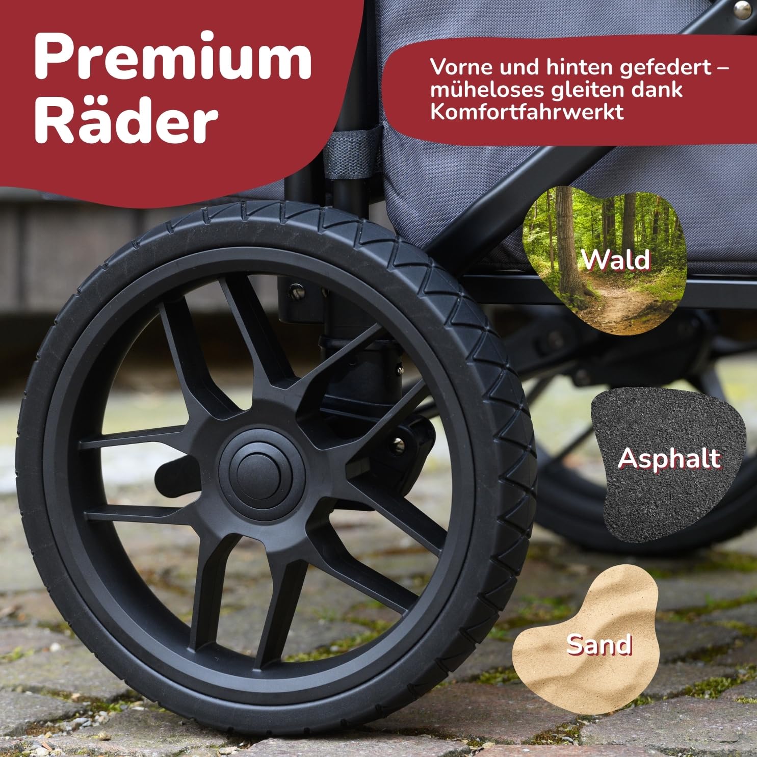 elvent® SmartCruiser Premium Bollerwagen - Handwagen faltbar mit Dach I Sitzpolster, Hecktasche, Feststellbremse, Off-Road-Reifen, 5-Punkt-Gurt I für 2 Kinder | Teleskop-Zugstange (Grau)