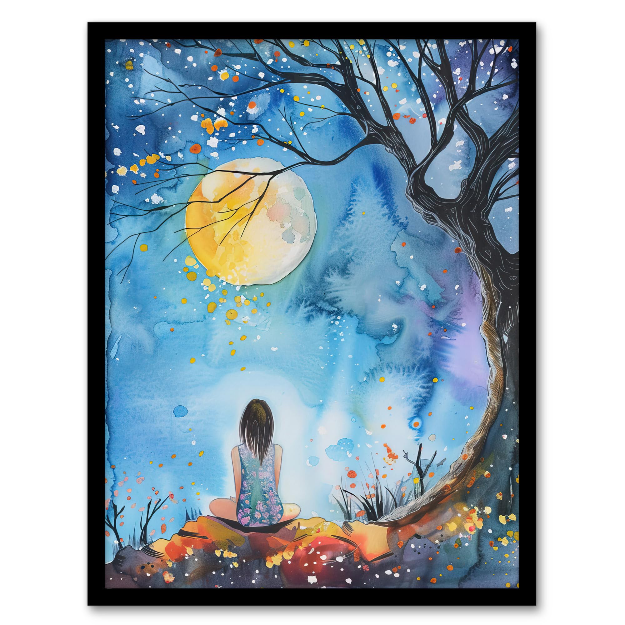 Artery8 Full Moon Gazing Autumn Night Watercolour Living Room Artwork Framed Wall Art Print A4