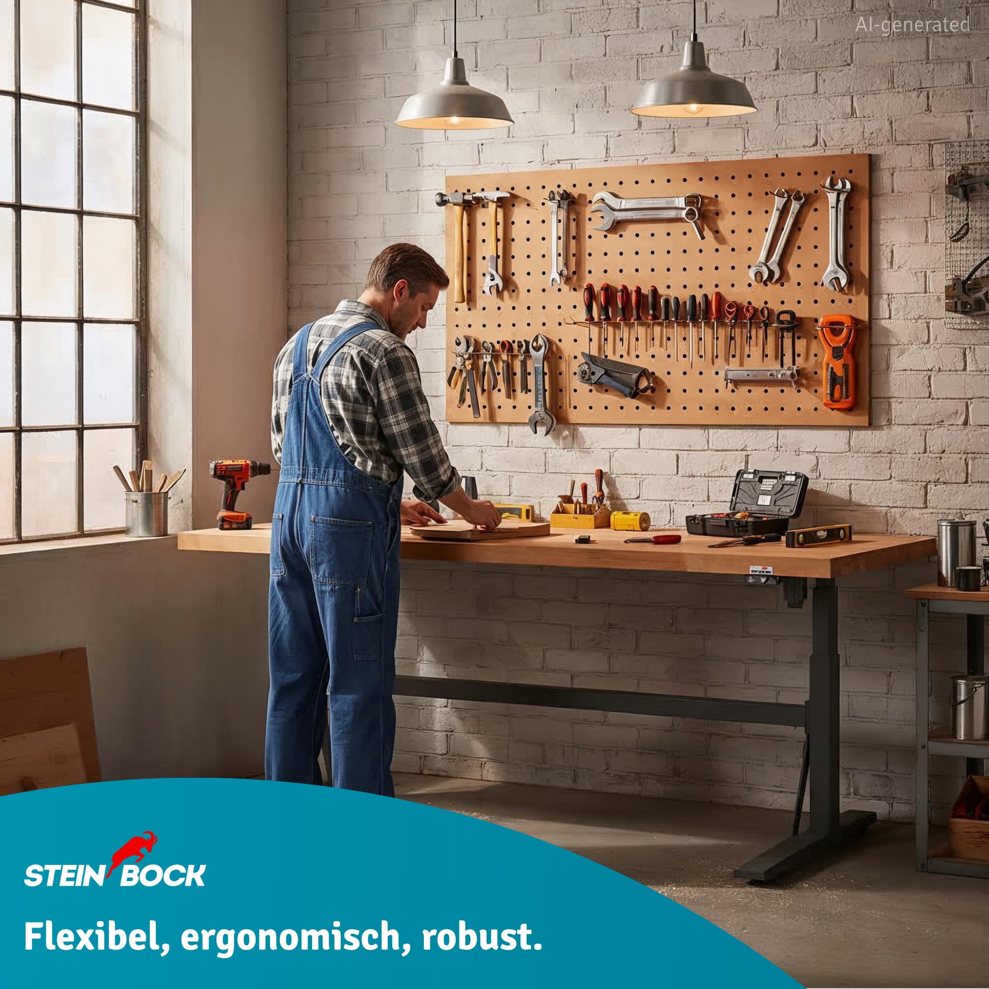 Steinbock elektrisch höhenverstellbare Werkbank e-Adjust | 350 kg Tragkraft | HxBxT 70-117 x 200 x 75 cm | Staubgrau | stabiles Stahlgestell | 5 cm Starke lasierte Holzplatte | Arbeitstisch