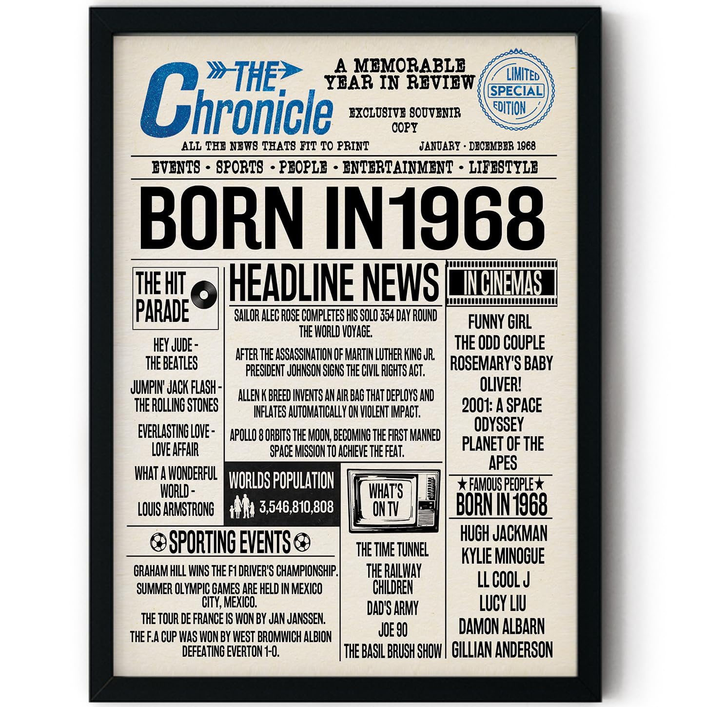 Stuff4 Men's 1968 58Th Birthday Poster Framed - Born In Newspaper - Happy 58Th Birthday Gifts For Wo Vintage Retro Back In 8X10 Inch Bday Party Decor Decoration